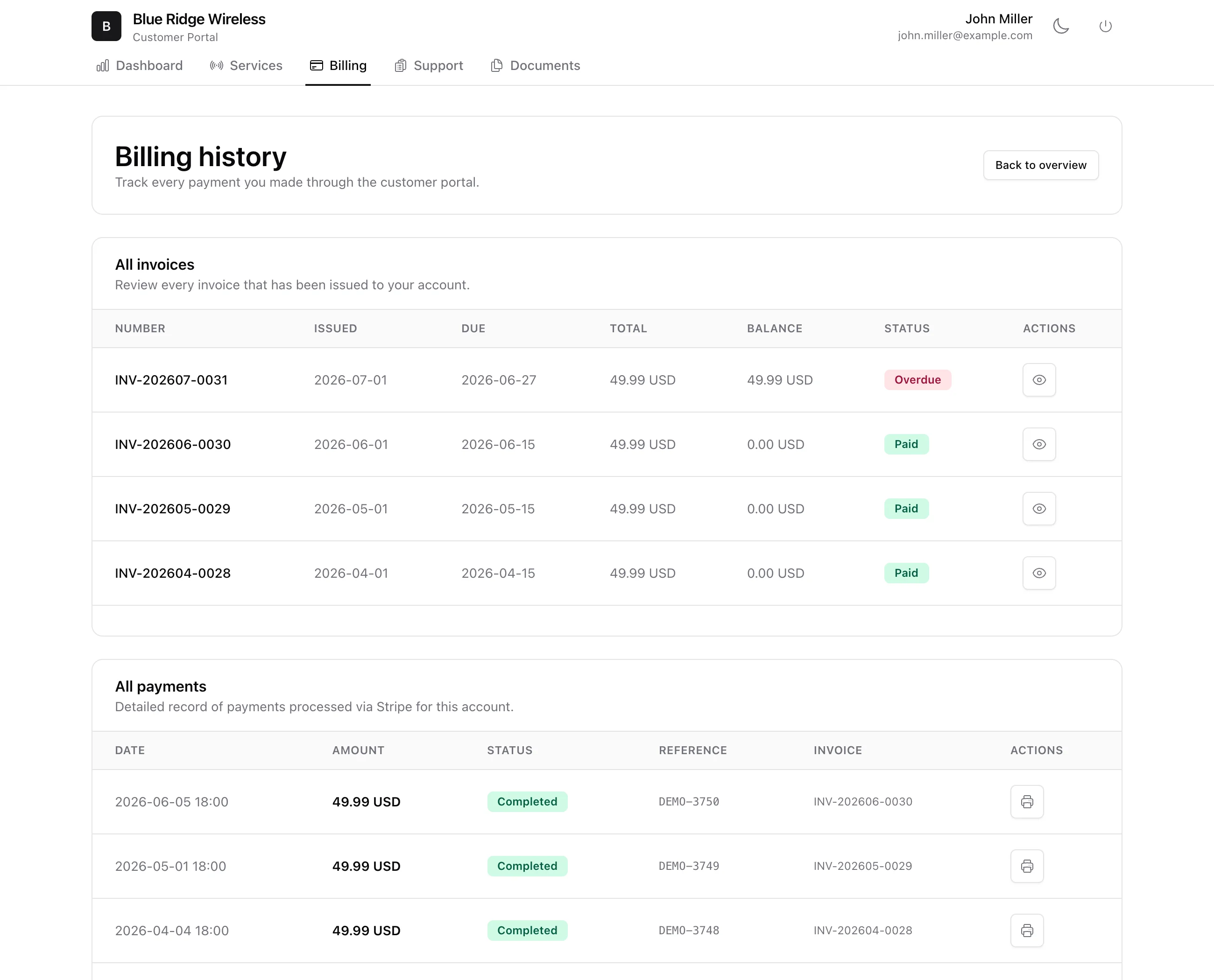 The portal billing page listing all invoices with status and all payments with references