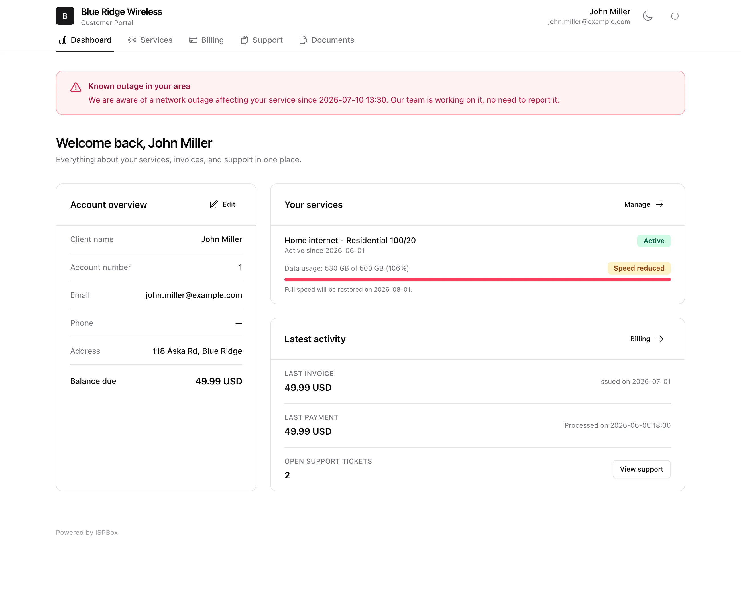 The customer portal dashboard: an outage banner, account overview, active service with a data-usage bar, and latest billing activity