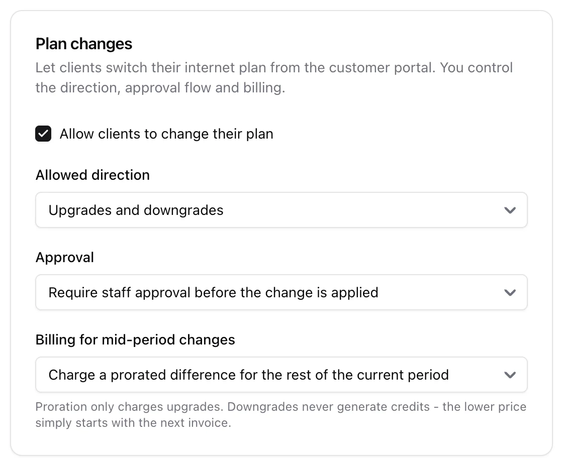 Customer Portal plan-change settings: allow toggle, allowed direction, approval mode and mid-period billing