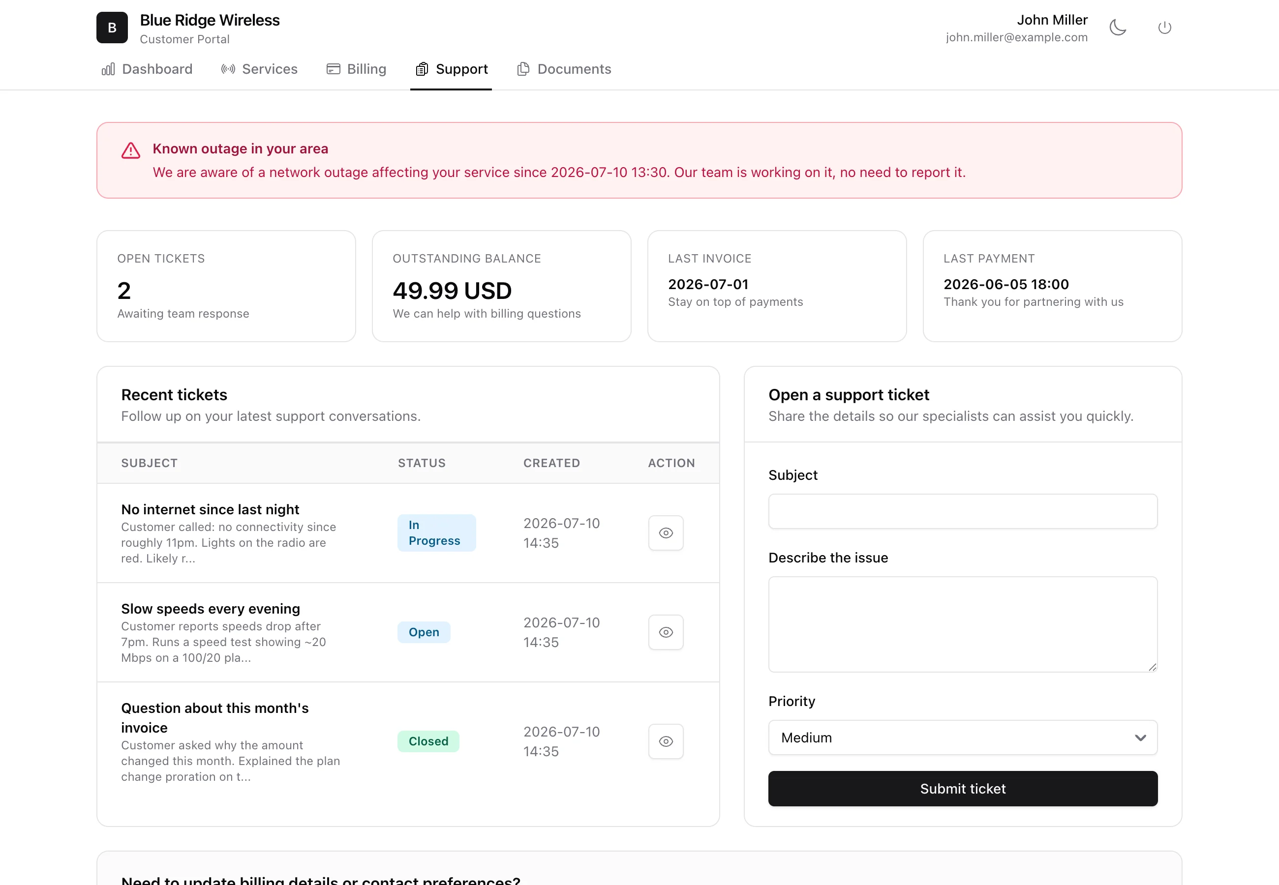 The portal support tab with ticket KPIs, recent tickets and an open-a-ticket form