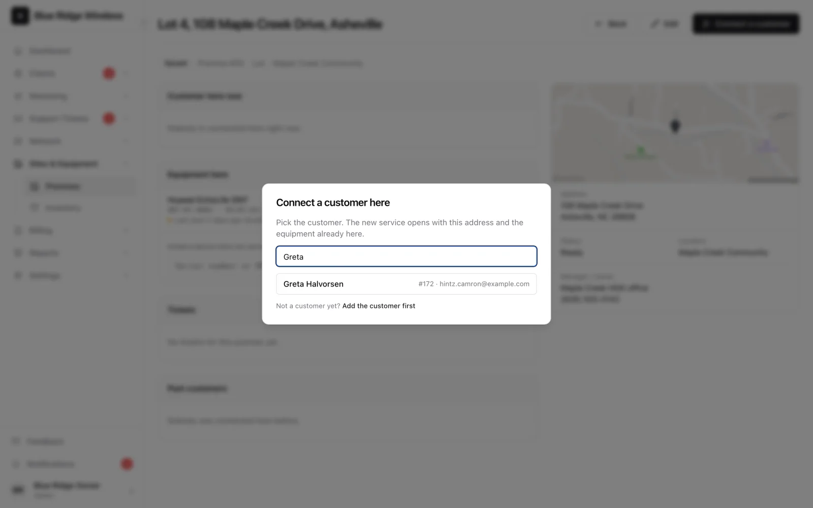Connect a customer dialog on a vacant lot, searching for an existing customer