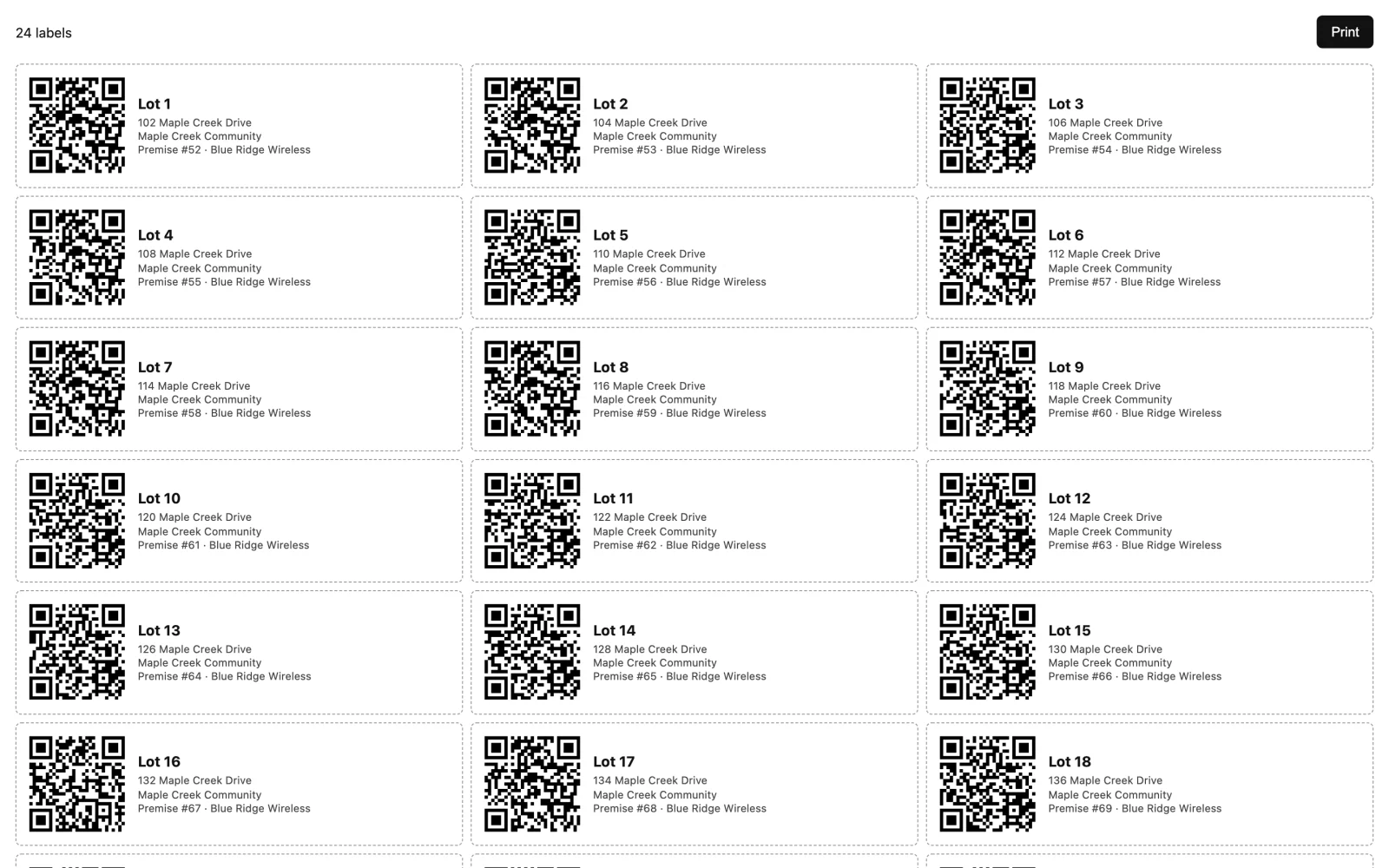 Printable sheet of QR labels, one per lot
