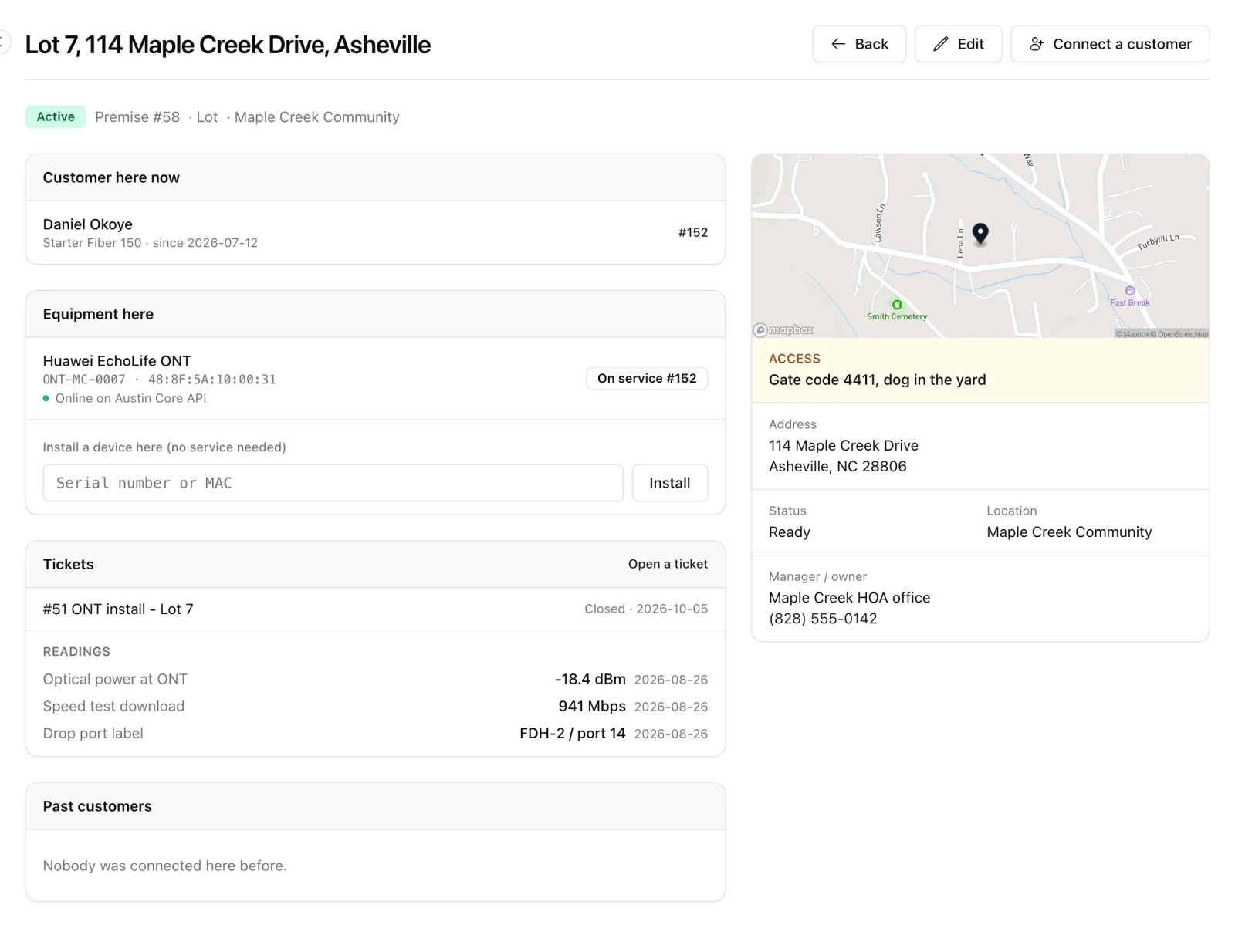 Premise page: the current customer, the ONT with its network status, tickets with install readings, and the address with a map and access notes