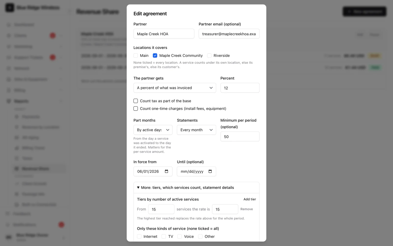 Agreement form: partner, locations, basis and percent, part months, minimum and tiers