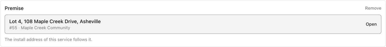 Premise field on the service form with a lot picked