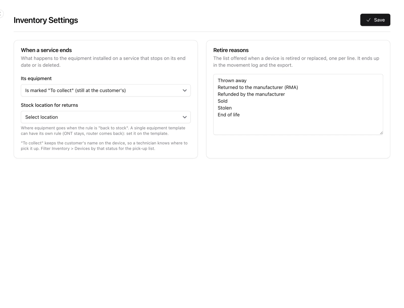 Inventory settings: what happens to equipment when a service ends, and the list of retire reasons