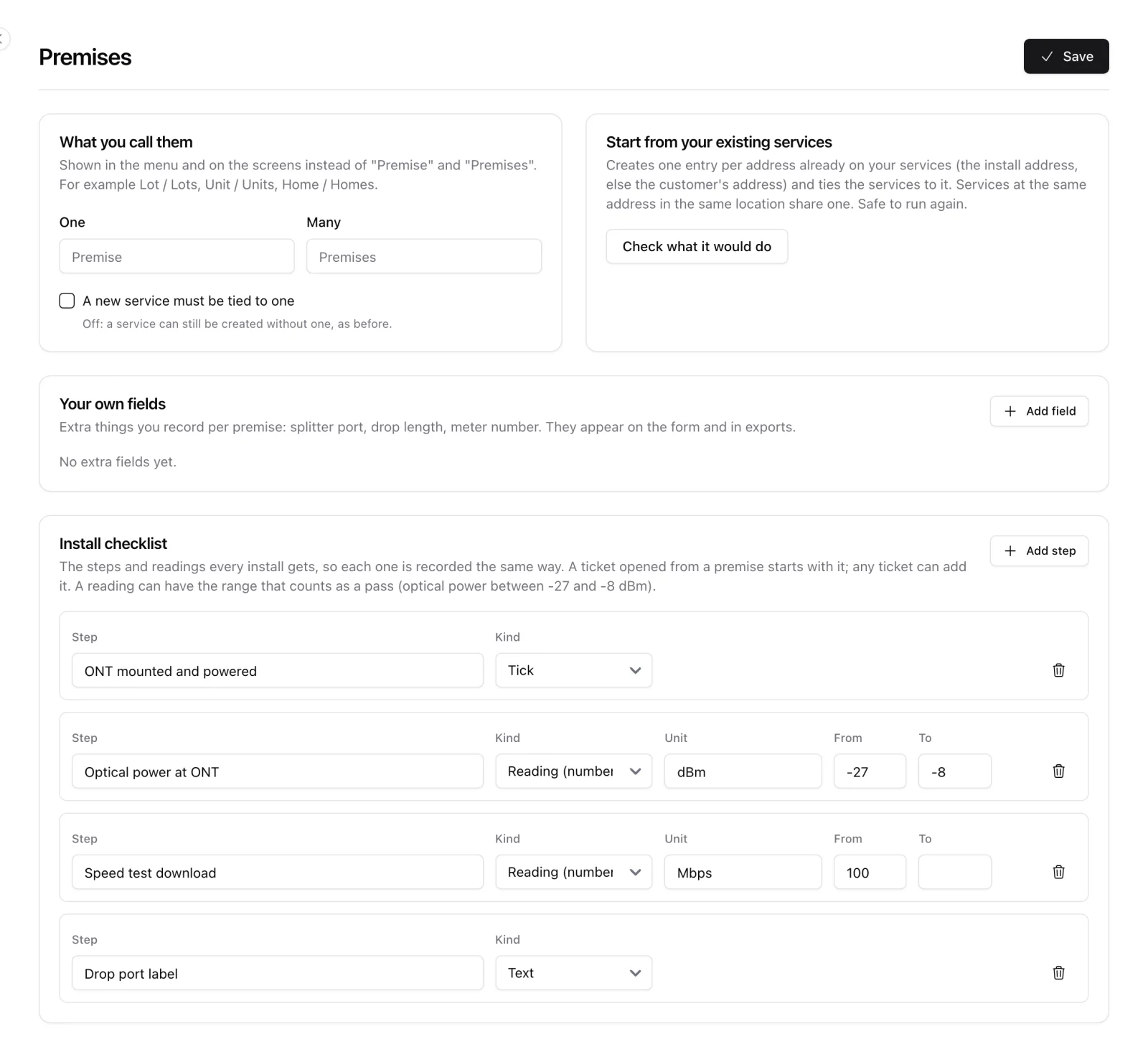 Settings for premises: the word used for them, the import from existing services, own fields and the install checklist