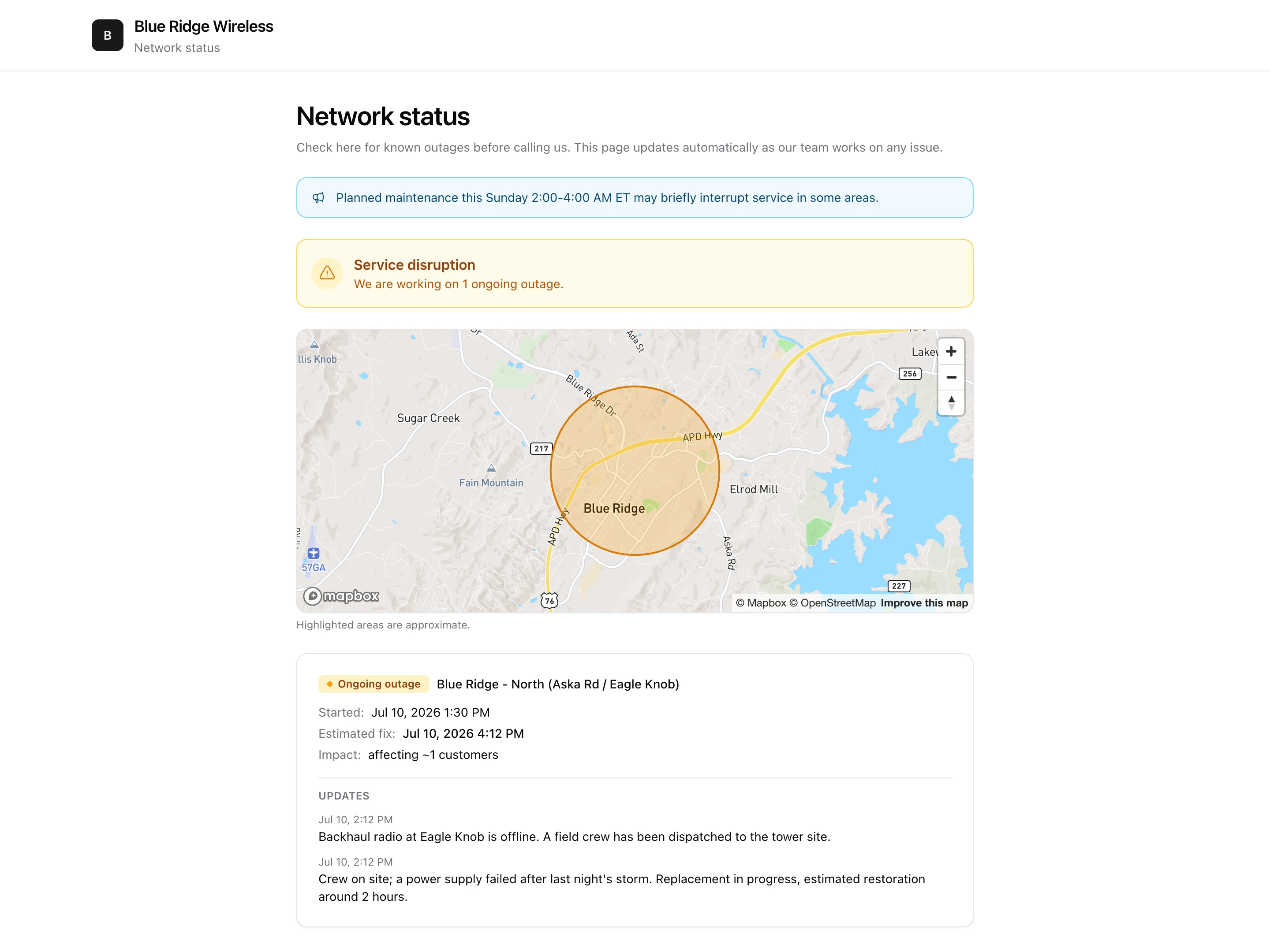 A public network status page: an announcement banner, a service disruption notice, a map with the affected area, and an outage card with updates