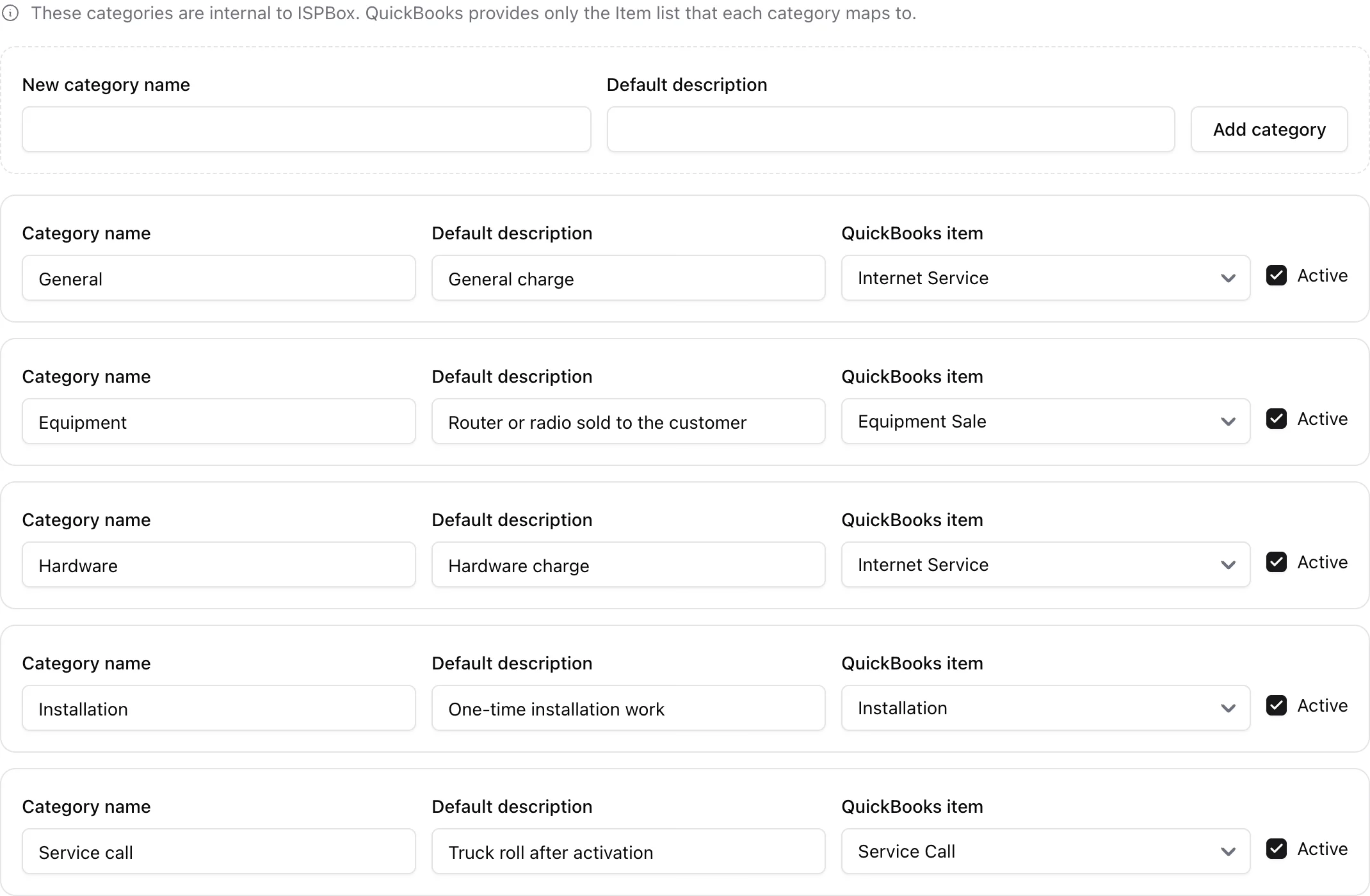 The Categories tab: internal one-time charge categories such as Installation, Equipment and Service call, each mapped to a QuickBooks item