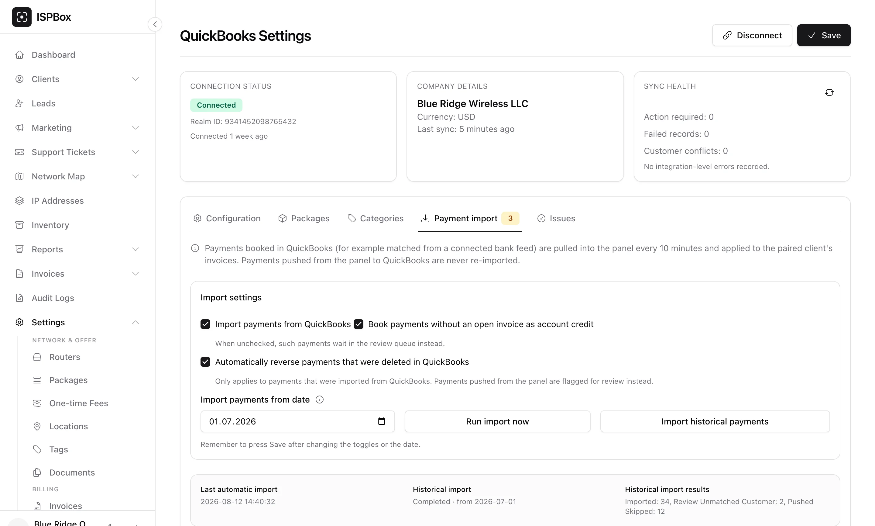 The Payment import tab: import settings with the enable, account-credit and auto-reverse toggles, an import-from date, Run import now and Import historical payments, and the import status row