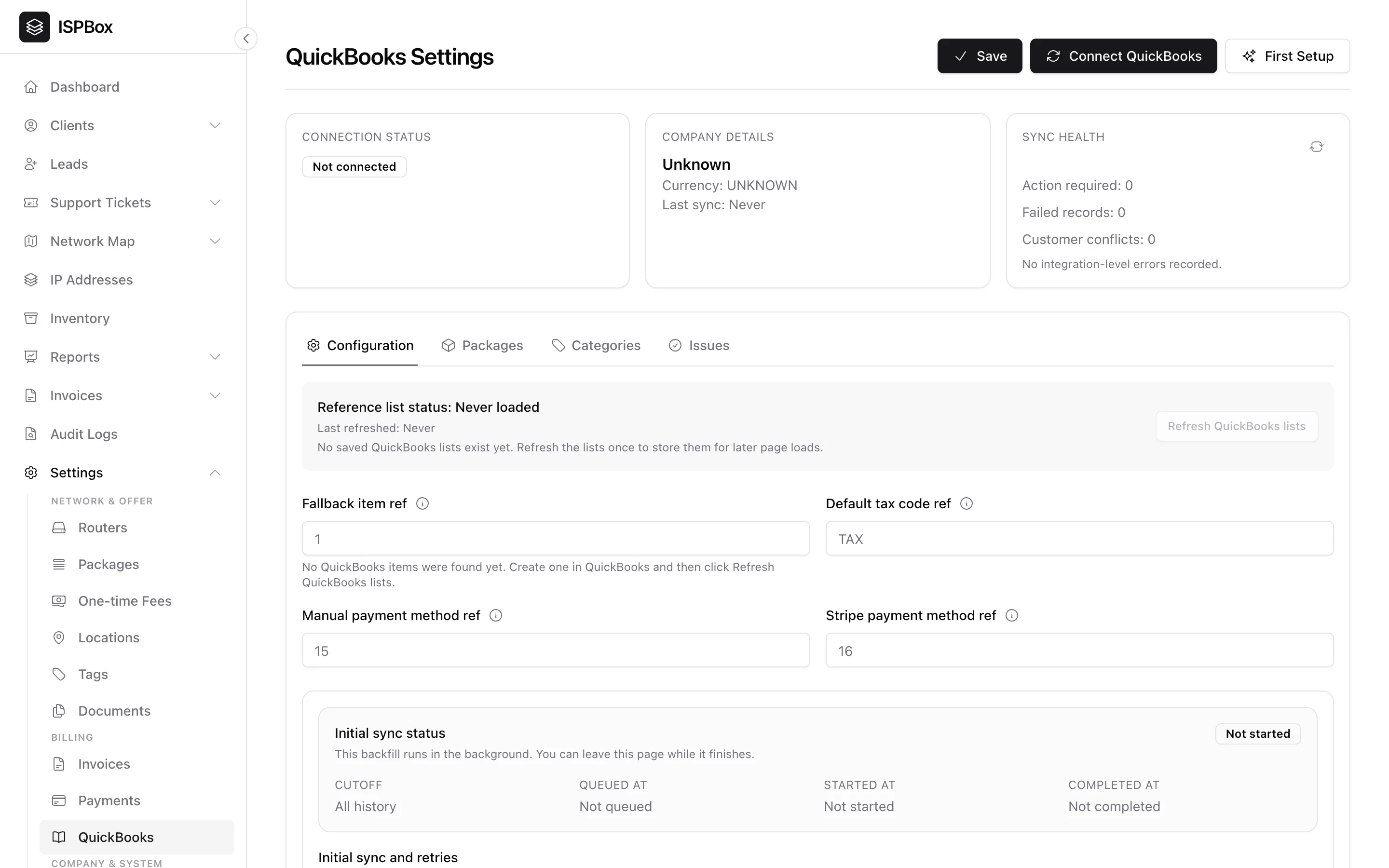 QuickBooks settings: connection status, company details, sync health and configuration tabs