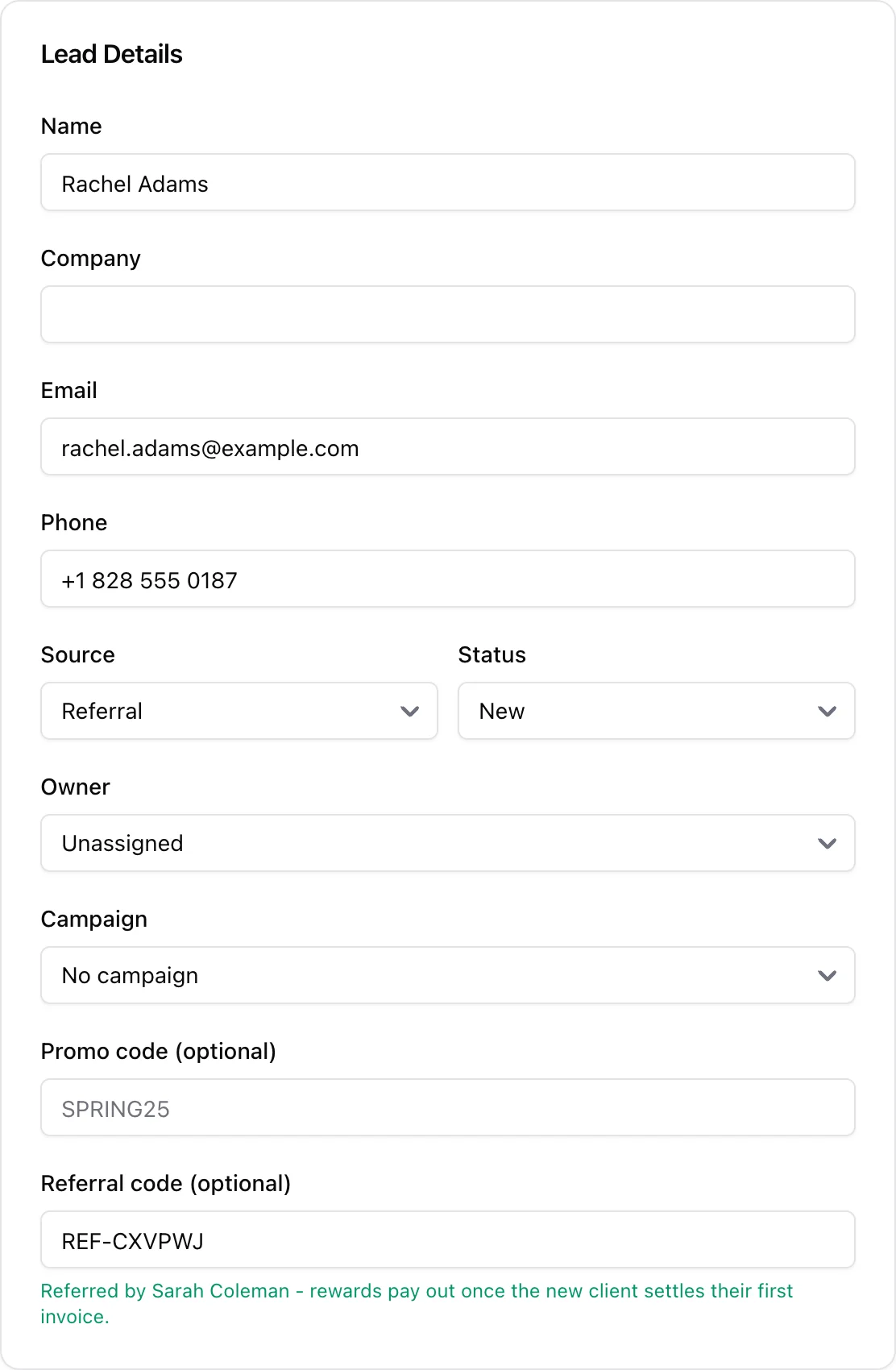 Add Lead form with a validated referral code showing the referring customer
