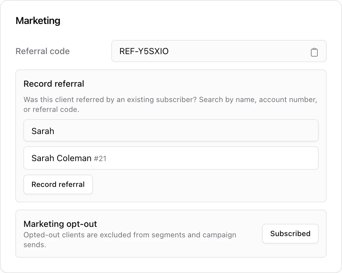 Record referral on the client profile: searching for the referring customer