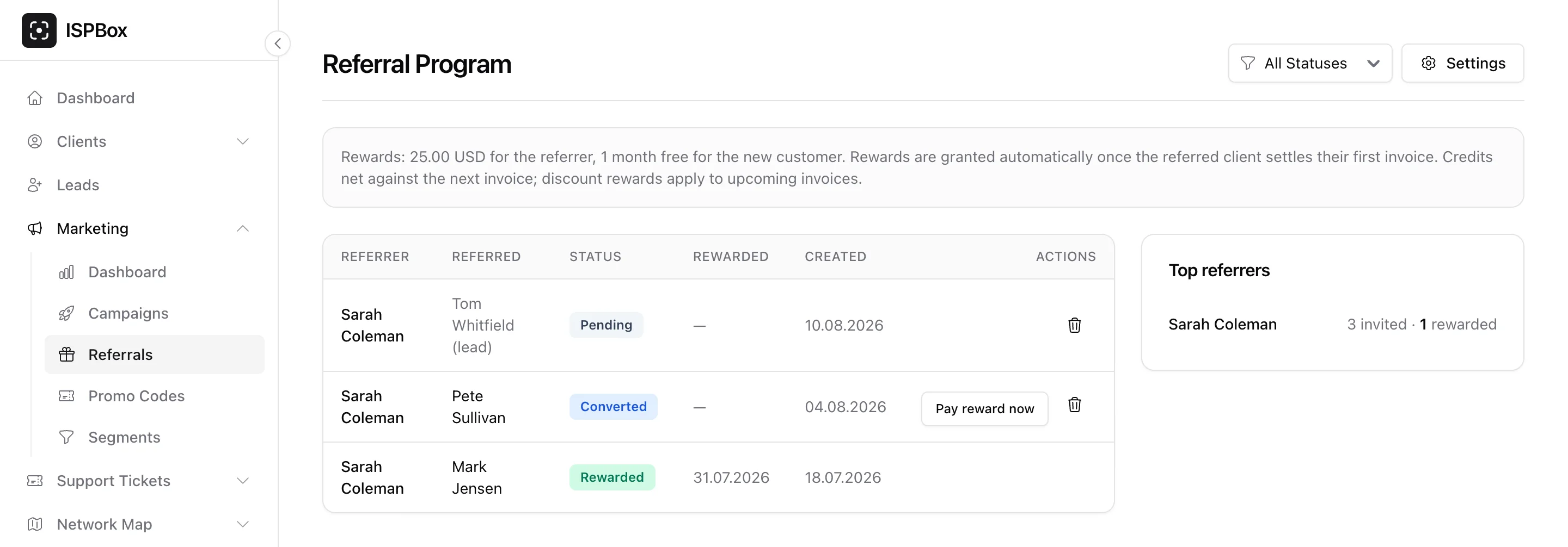 Referrals overview: lifecycle statuses, pay-reward-now action and the top-referrers leaderboard