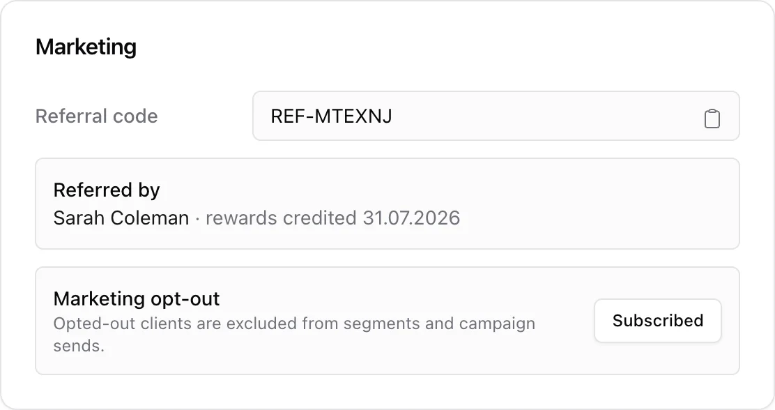 Client profile showing who referred this customer and when rewards were credited