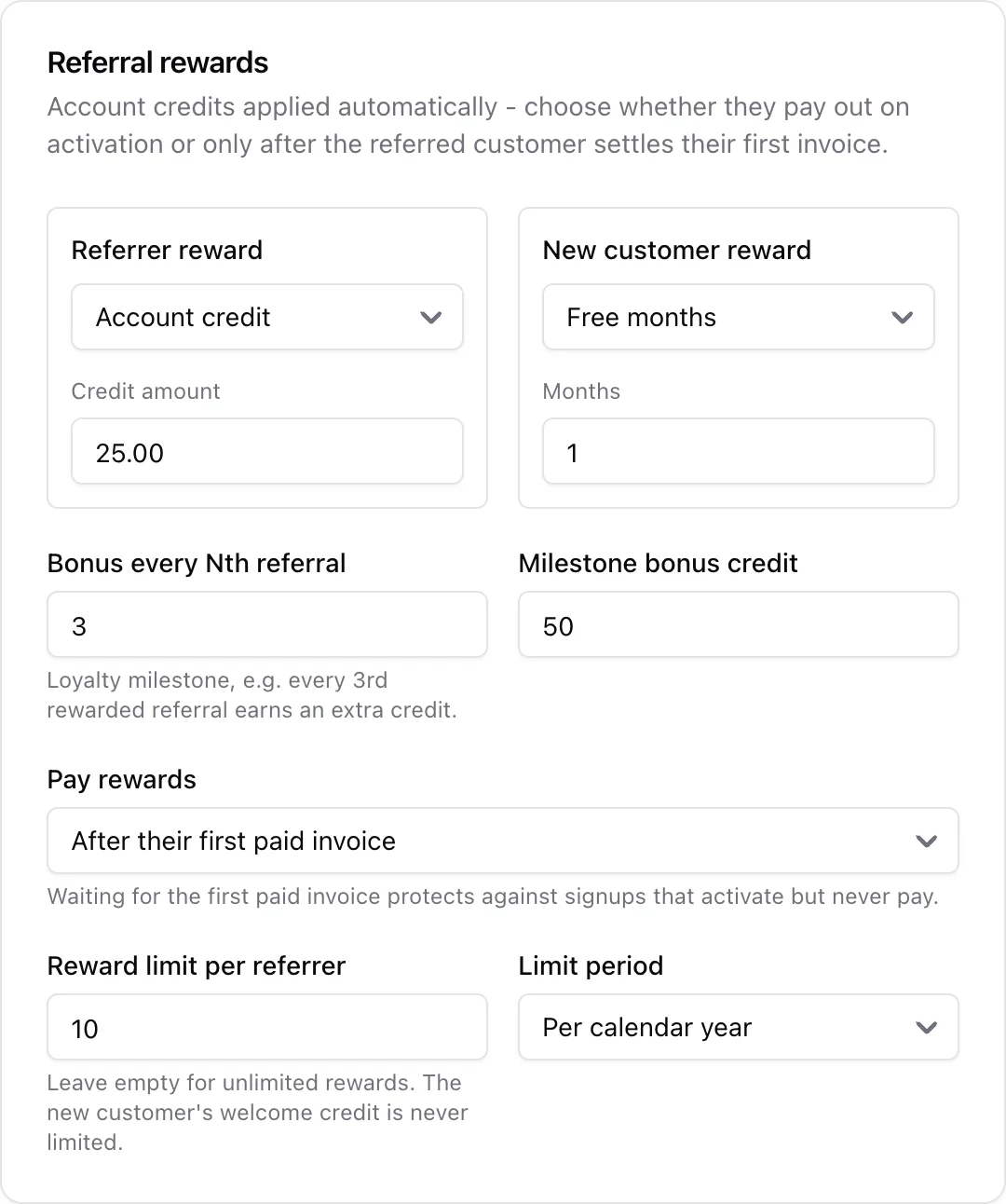 Referral rewards settings: reward type per side, payout trigger, per-referrer limit and milestone bonus