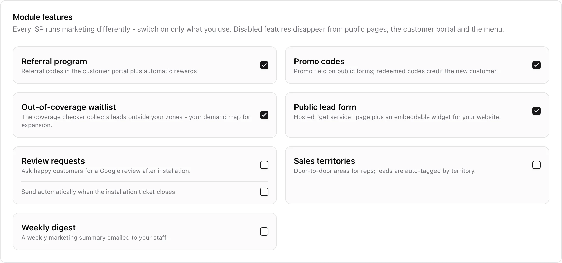 Marketing sub-feature toggles with the referral program enabled