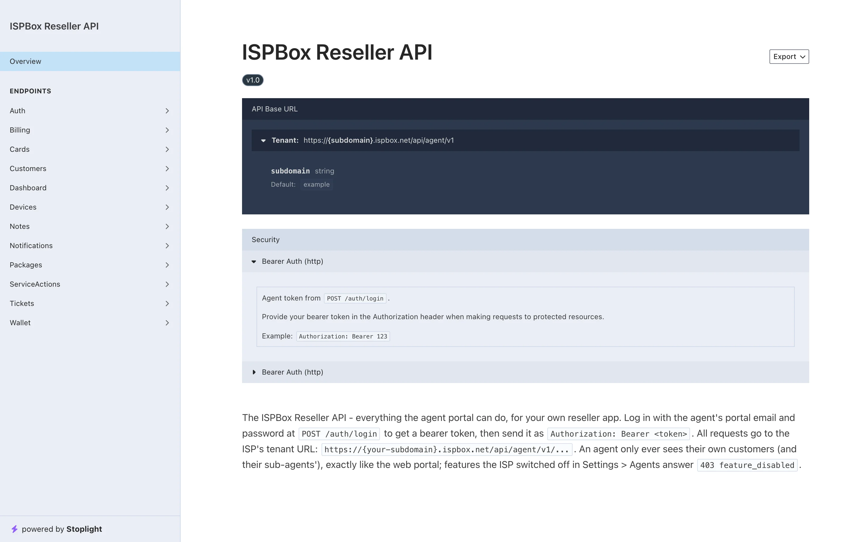 The Reseller API reference at /developers/agent: endpoint groups on the left, base URL and bearer auth on the right