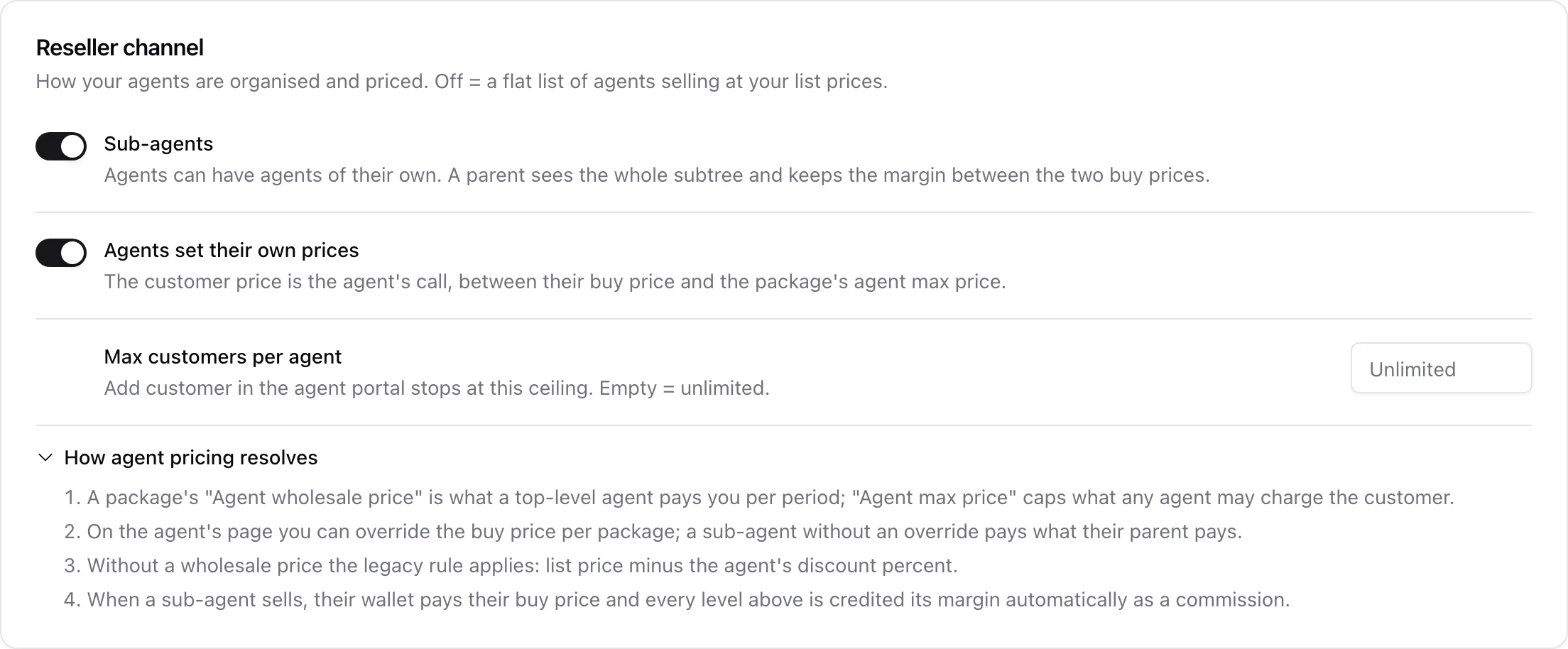 Settings > Agents: the Reseller channel card with sub-agents, agent pricing and the customer ceiling
