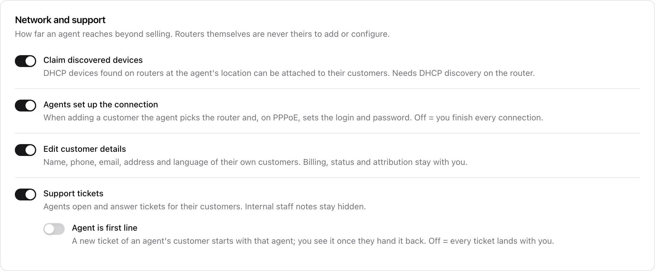 Network and support card: claim discovered devices, agents set up the connection, edit customer details, support tickets and the agent-is-first-line sub-toggle