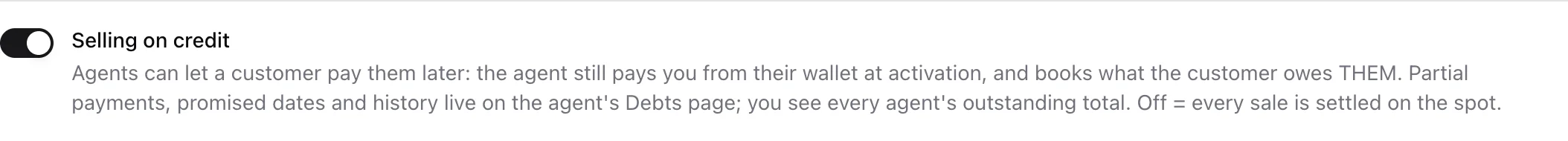 The Selling on credit switch in Settings > Agents with its explanation