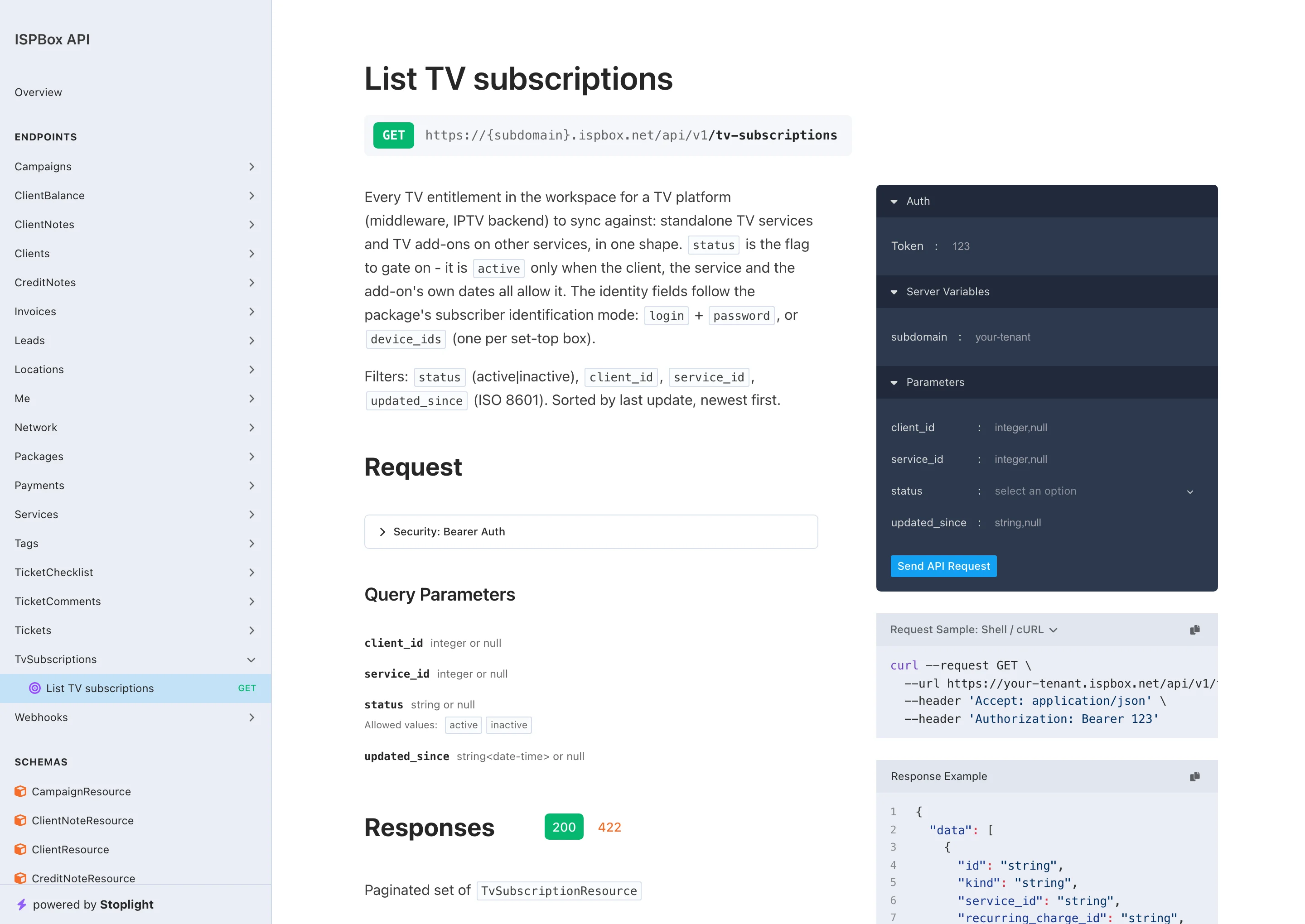 The List TV subscriptions endpoint in the ISPBox API reference: the GET path, the description, the status, client_id, service_id and updated_since query parameters and a response example
