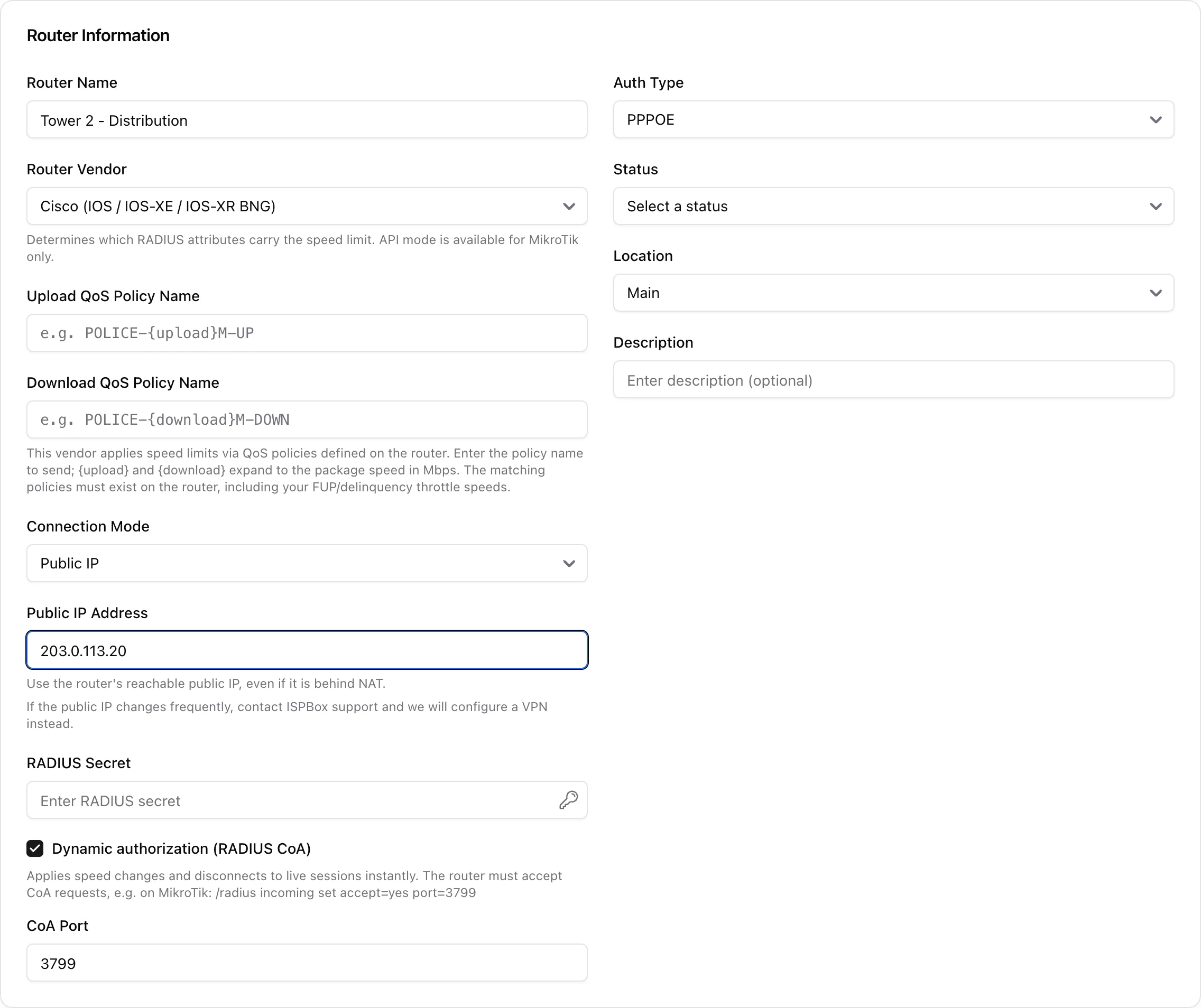 Router form with Cisco selected, showing Upload and Download QoS Policy Name template fields