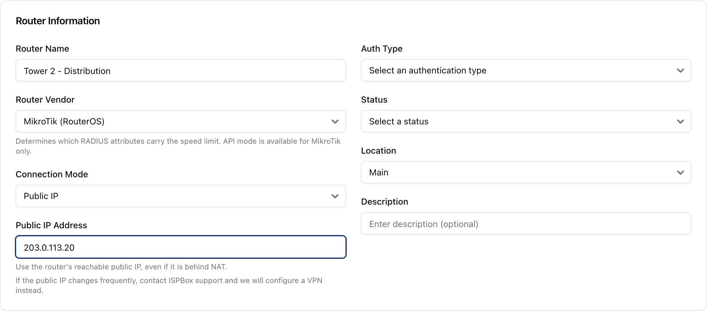 The Add Router form in ISPBox showing vendor, connection mode and public IP fields