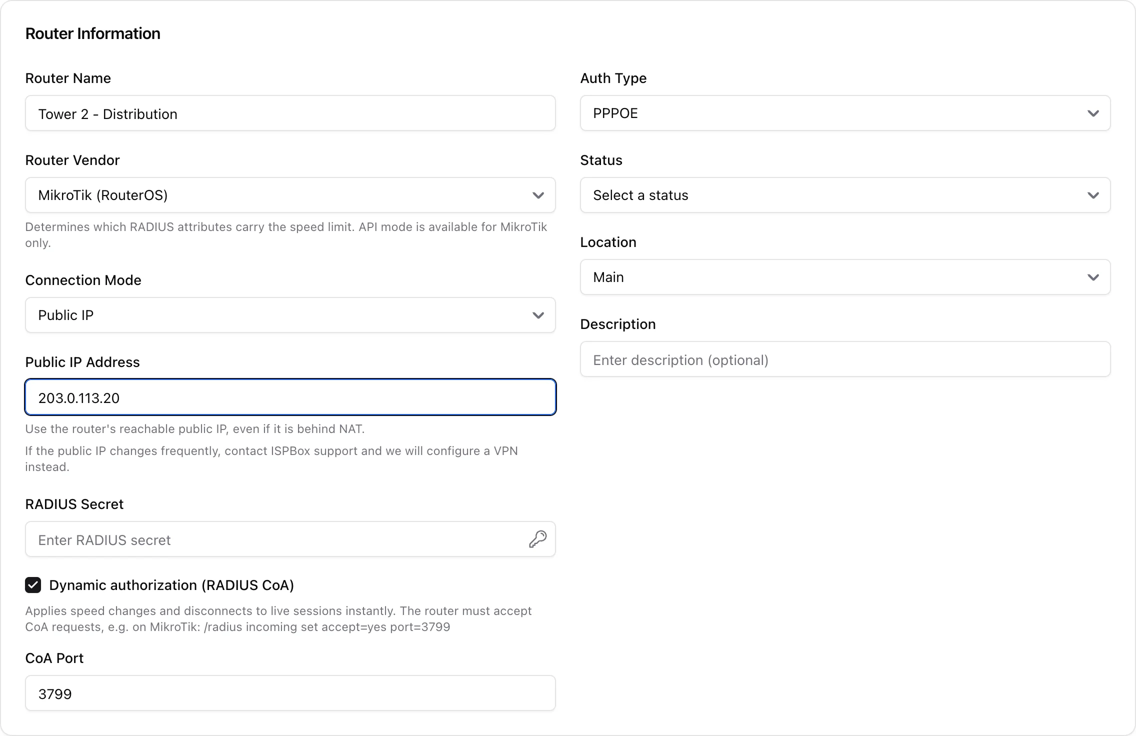 Router form with a RADIUS auth type selected, revealing the RADIUS Secret field and the CoA toggle