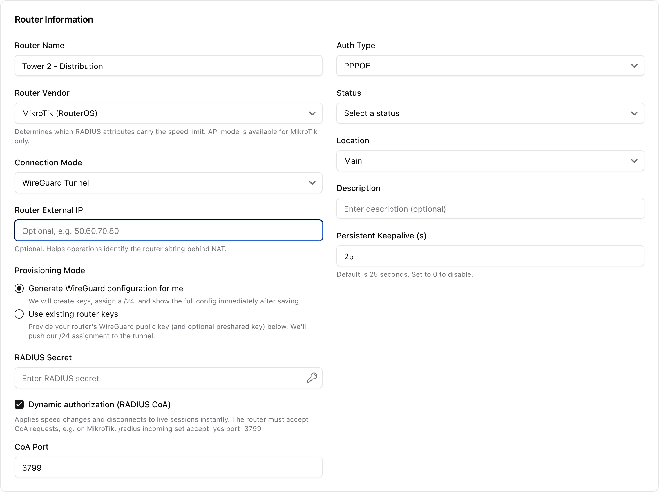 Router form in WireGuard Tunnel mode showing provisioning mode radios and keepalive