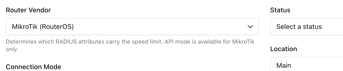 Router Vendor dropdown with the note that API mode is available for MikroTik only