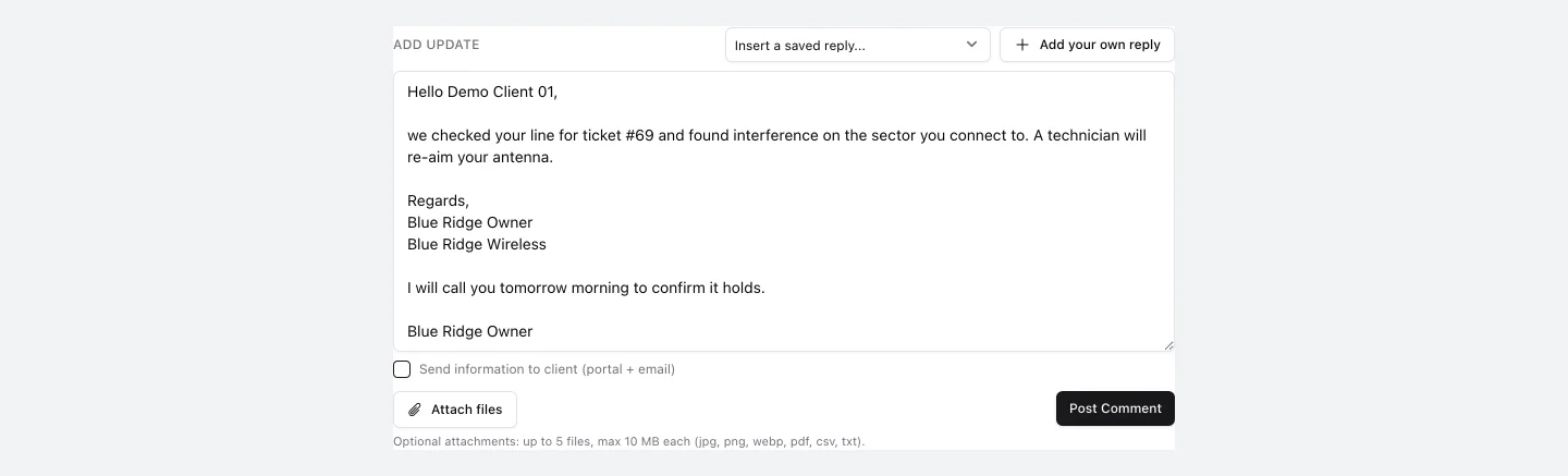 A saved reply inserted into the update box of a ticket with the customer name and ticket number filled in