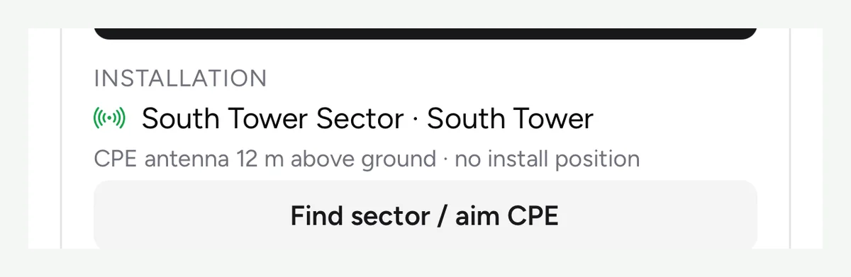 Installation section on a service card showing the assigned sector, CPE antenna height and the find sector button