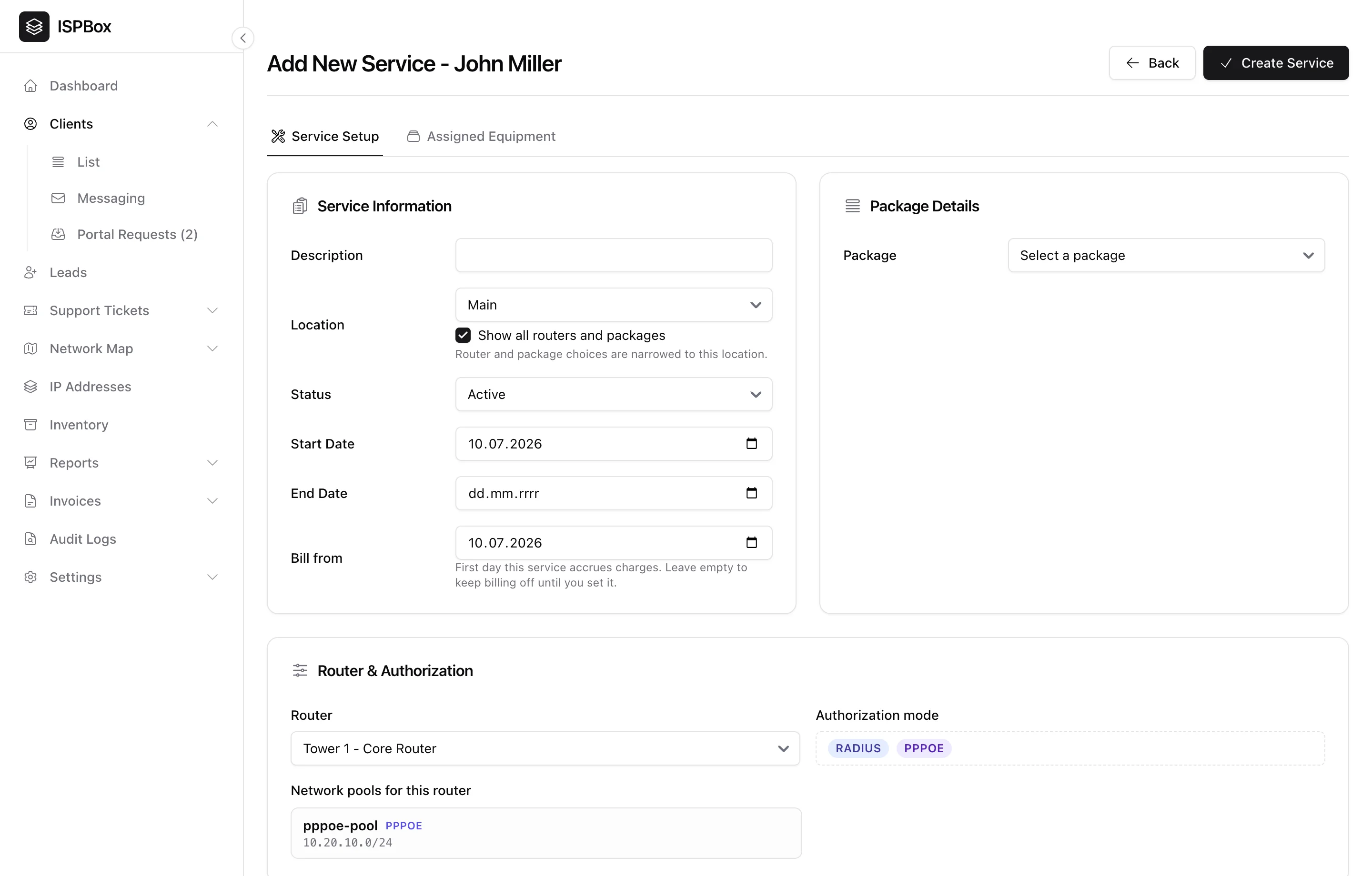 The Add New Service form: service information, package, and router & authorization with network pools