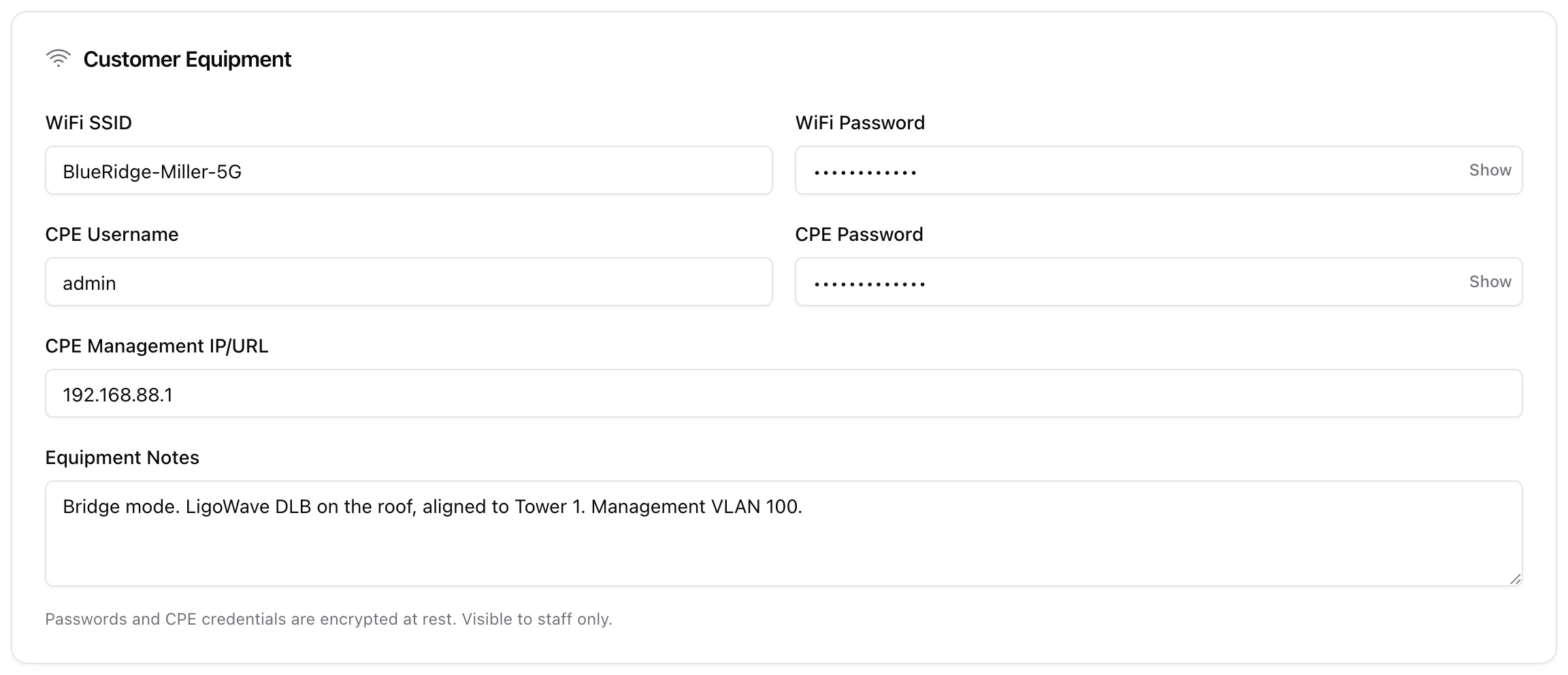 The Customer Equipment card on a service showing WiFi SSID, WiFi password, CPE username/password, management URL and notes