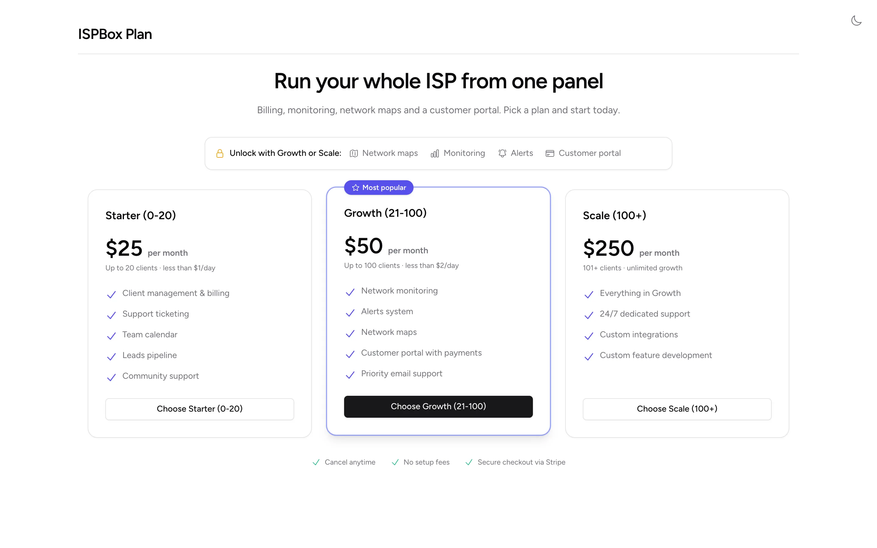 ISPBox plan selection with Starter, Growth and Scale plans