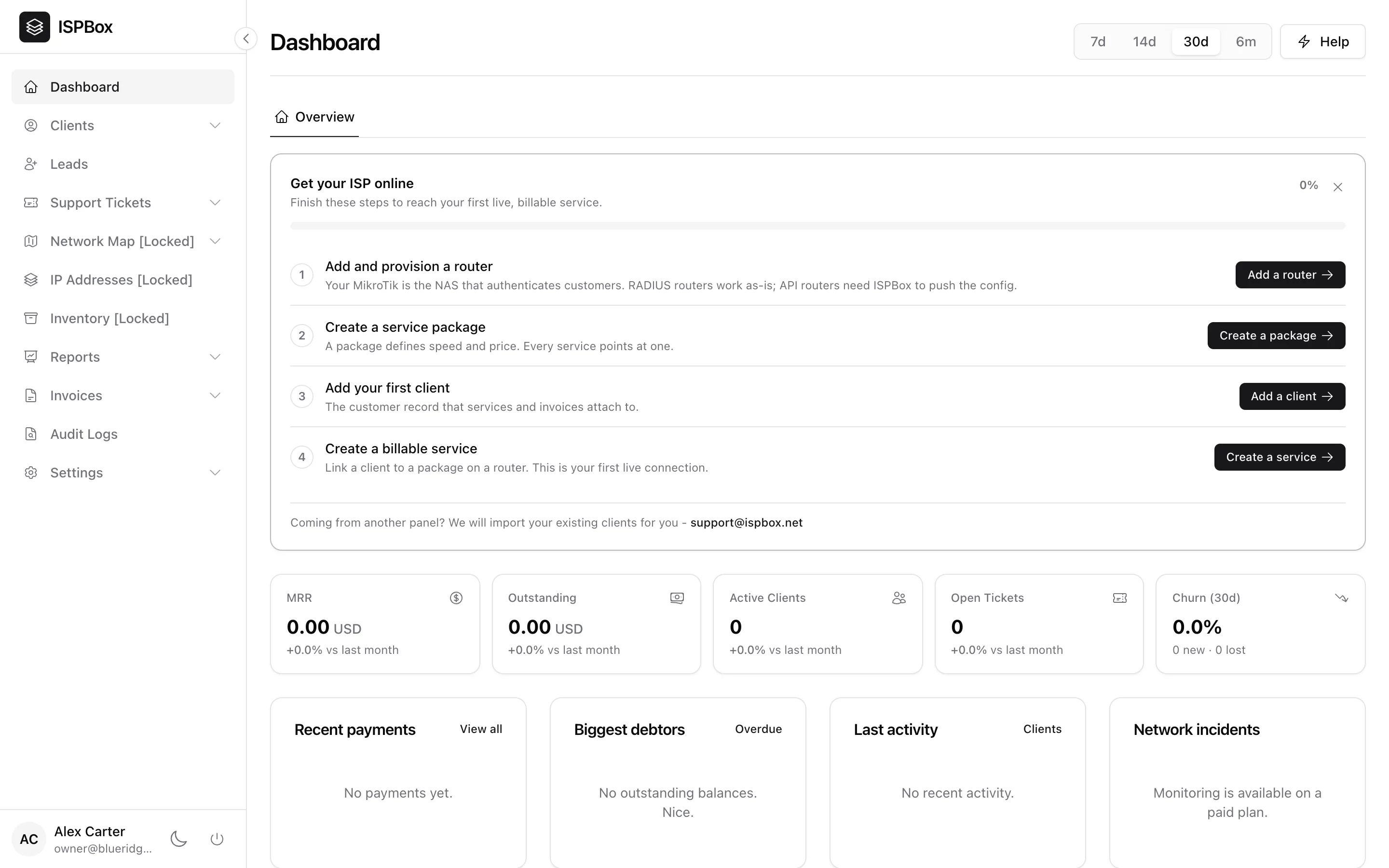 ISPBox dashboard with the Get your ISP online onboarding checklist