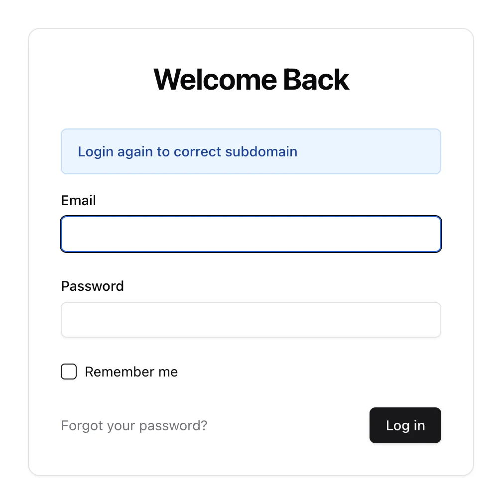 Login page on the new tenant subdomain with a login again message