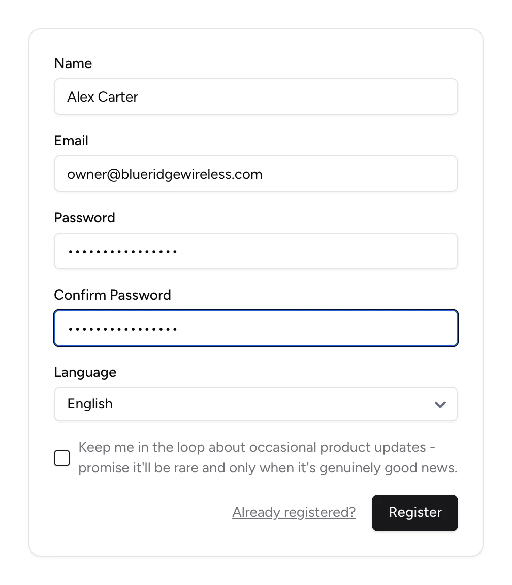 ISPBox registration form with name, email and password fields