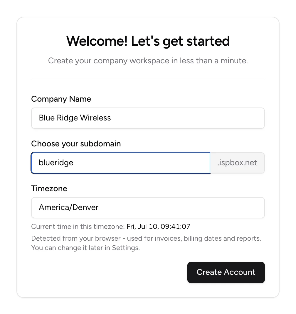 Setup wizard filled in with company name Blue Ridge Wireless and subdomain blueridge