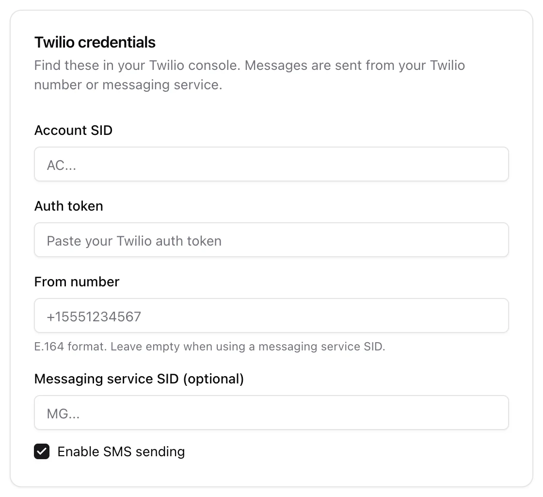 Twilio SMS credential fields: Account SID, Auth token, From number, Messaging service SID and an Enable SMS sending toggle