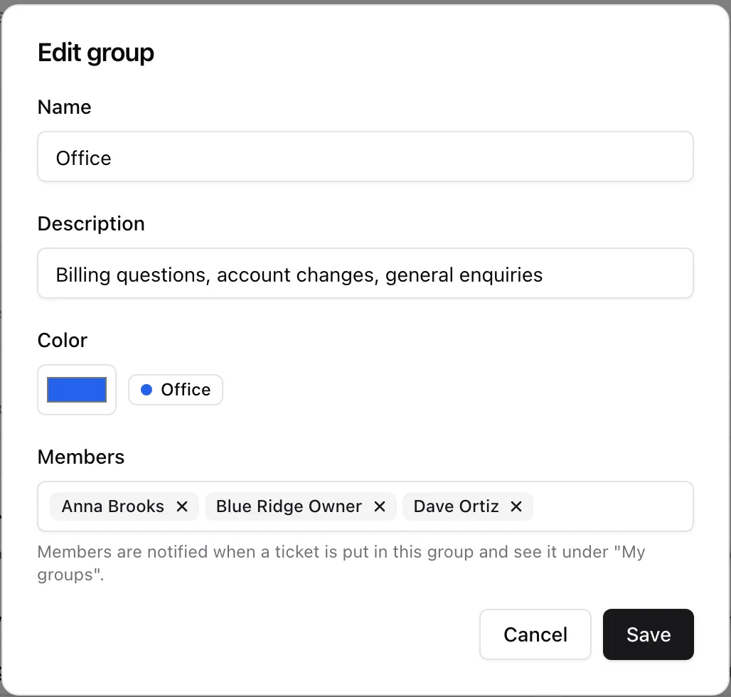 The Edit group dialog with name, description, color and three members
