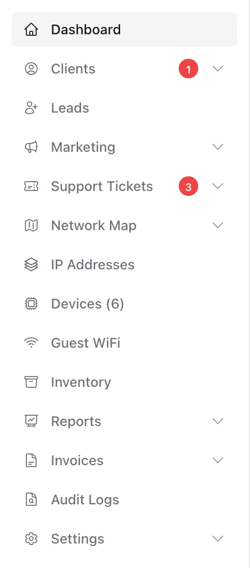 The sidebar with red counters on Clients and Support Tickets