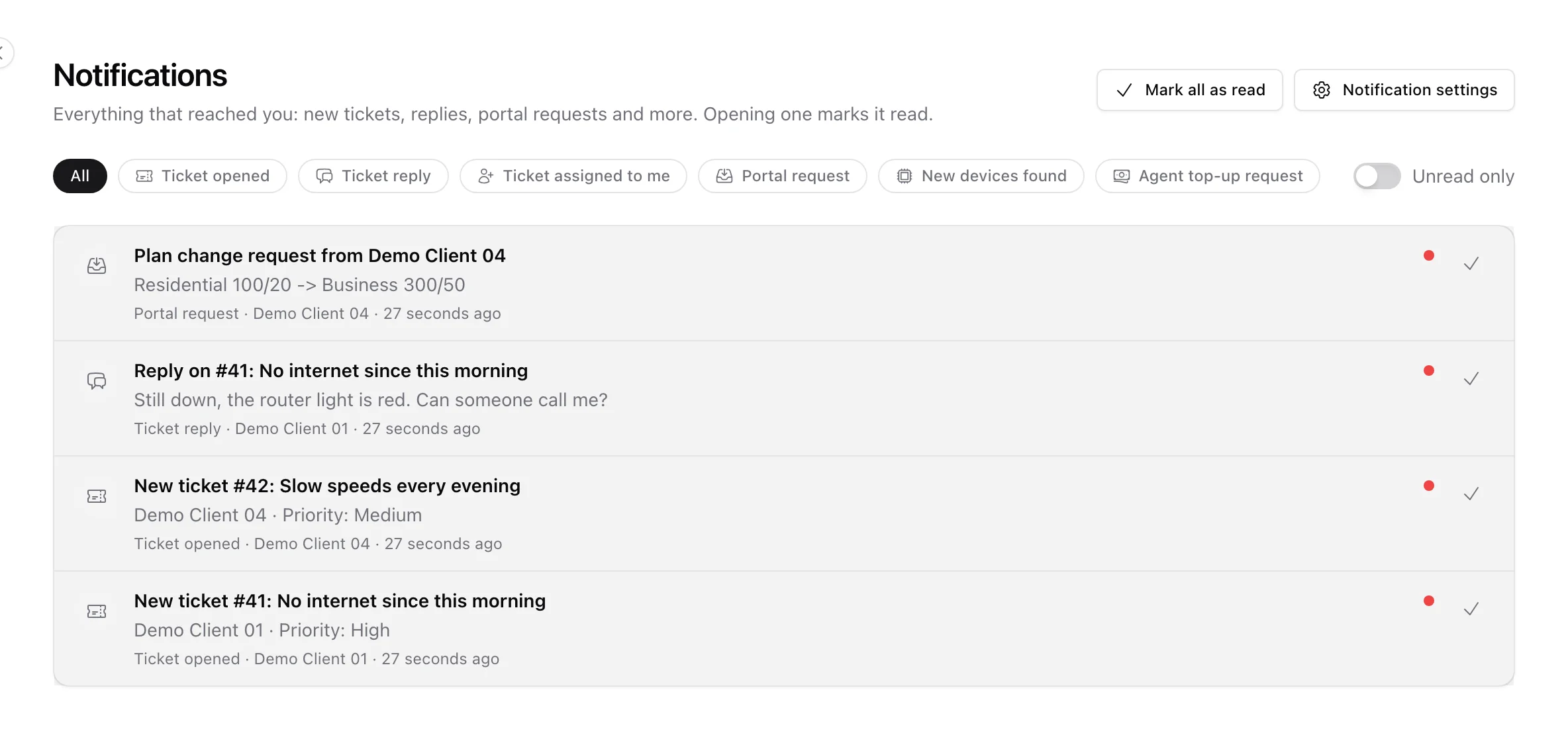 The Notifications page with kind filter chips, an Unread only switch, Mark all as read and Notification settings
