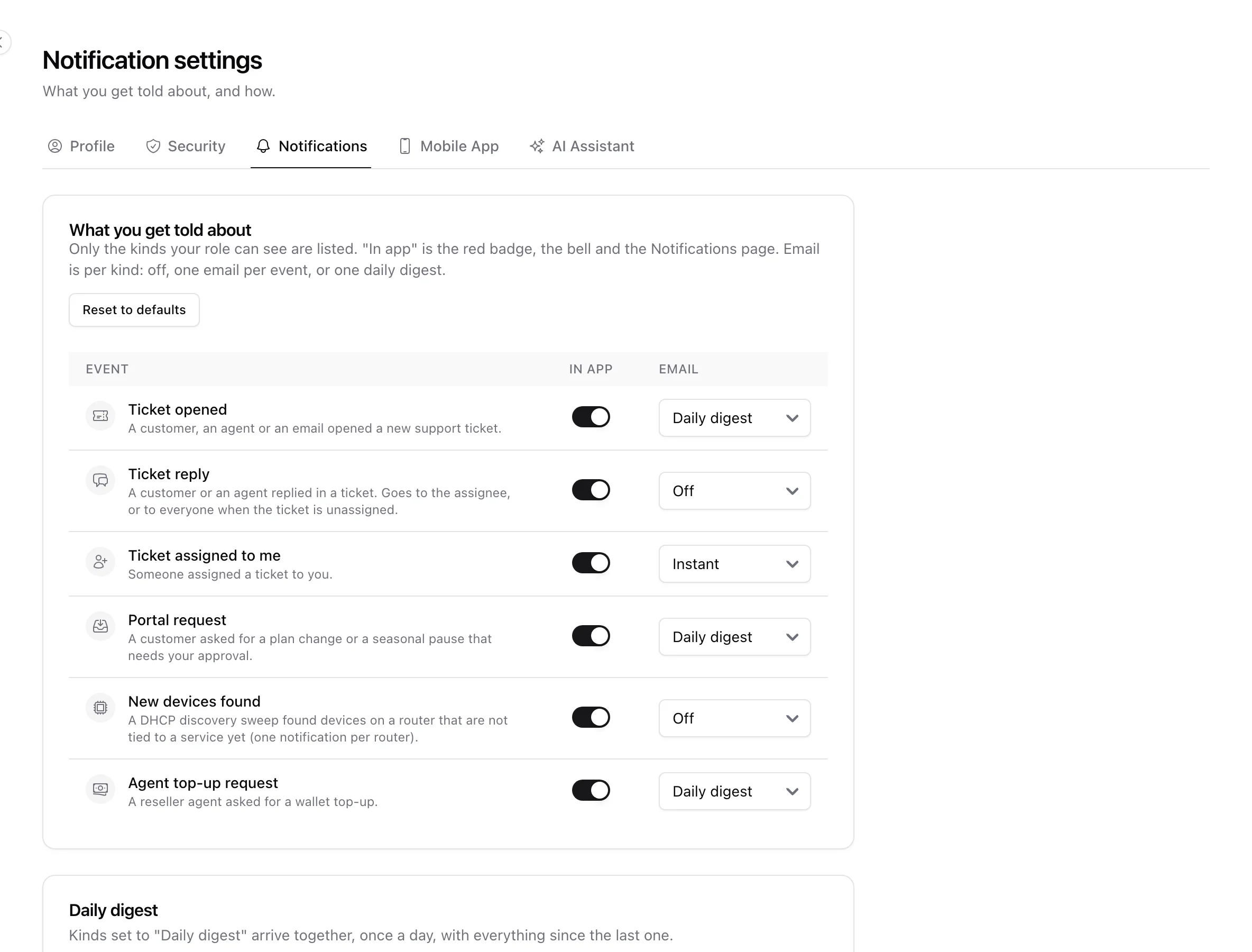 My account, Notifications: per kind an In app switch and an Email choice of Off, Instant or Daily digest, and the digest hour