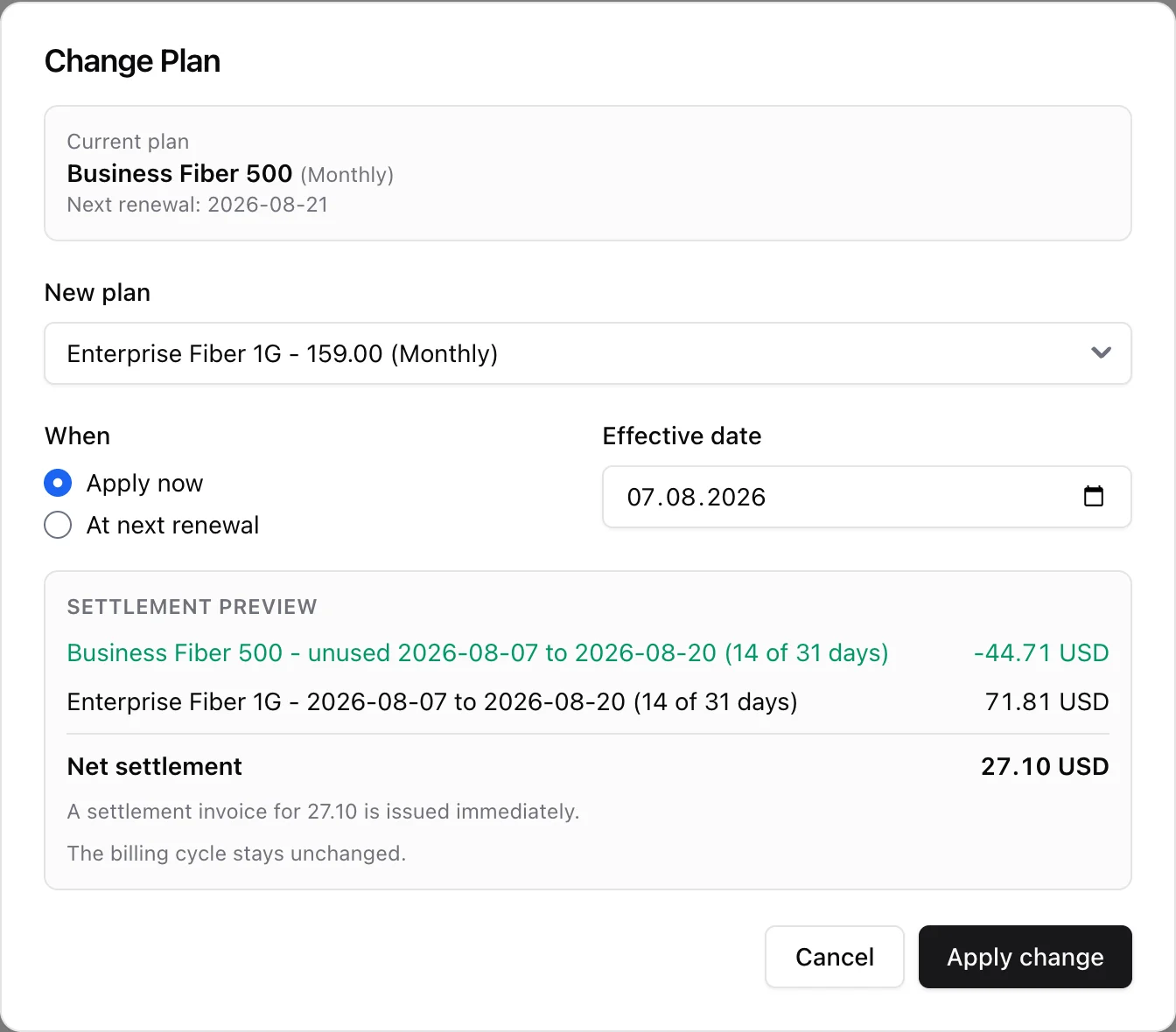 The Change Plan modal on a client's billing tab with a live settlement preview: credit for unused time, prorated charge and net amount