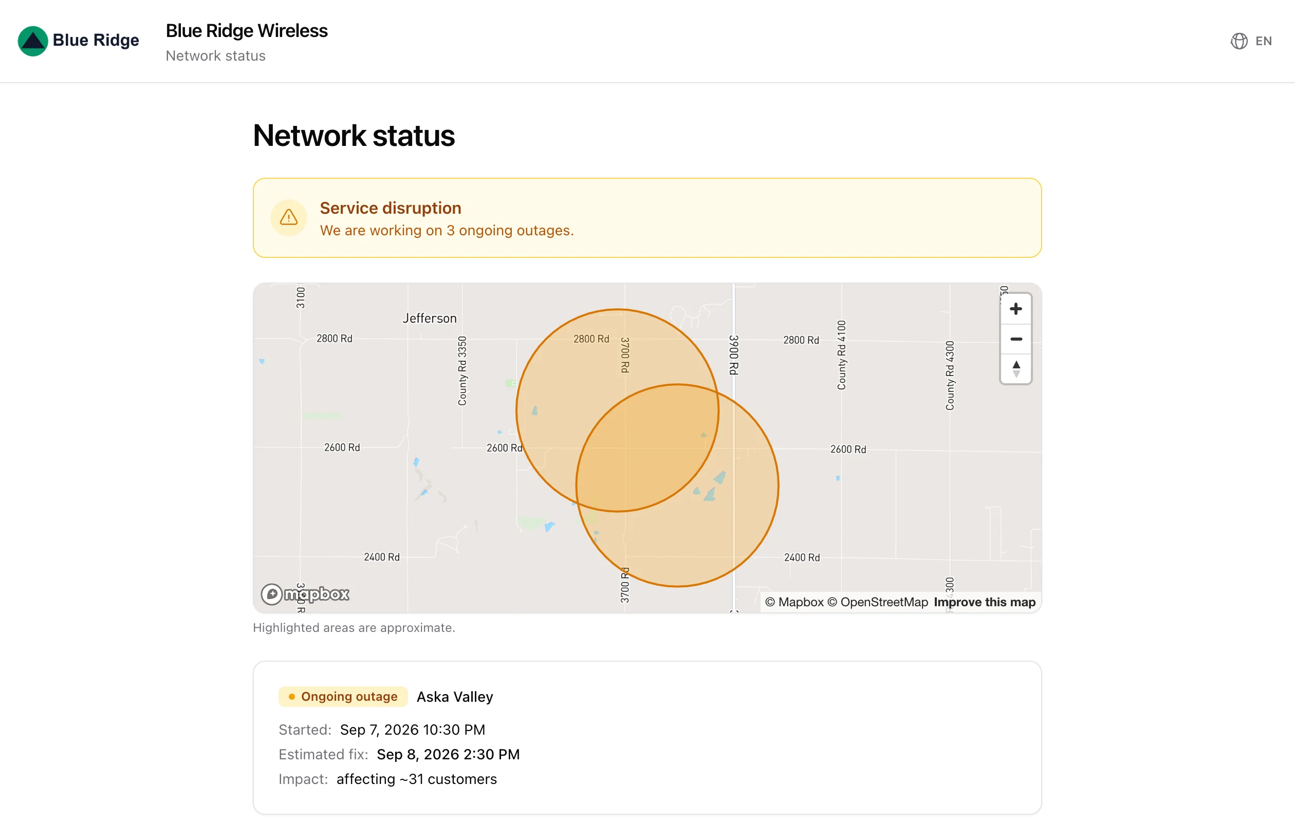A public status page during an outage: a service disruption banner, a map with two approximate outage areas, and an ongoing-outage card labelled Aska Valley with its start time, estimated fix and affected-customer count