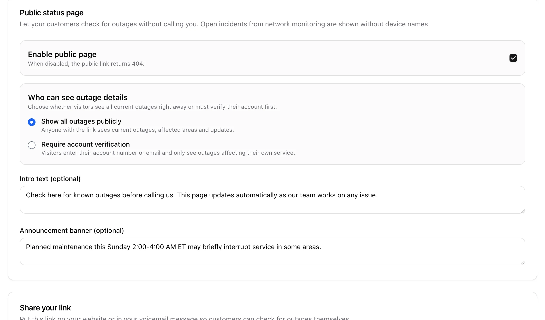 Status page settings: enable toggle, public vs verify visibility, intro text and announcement banner