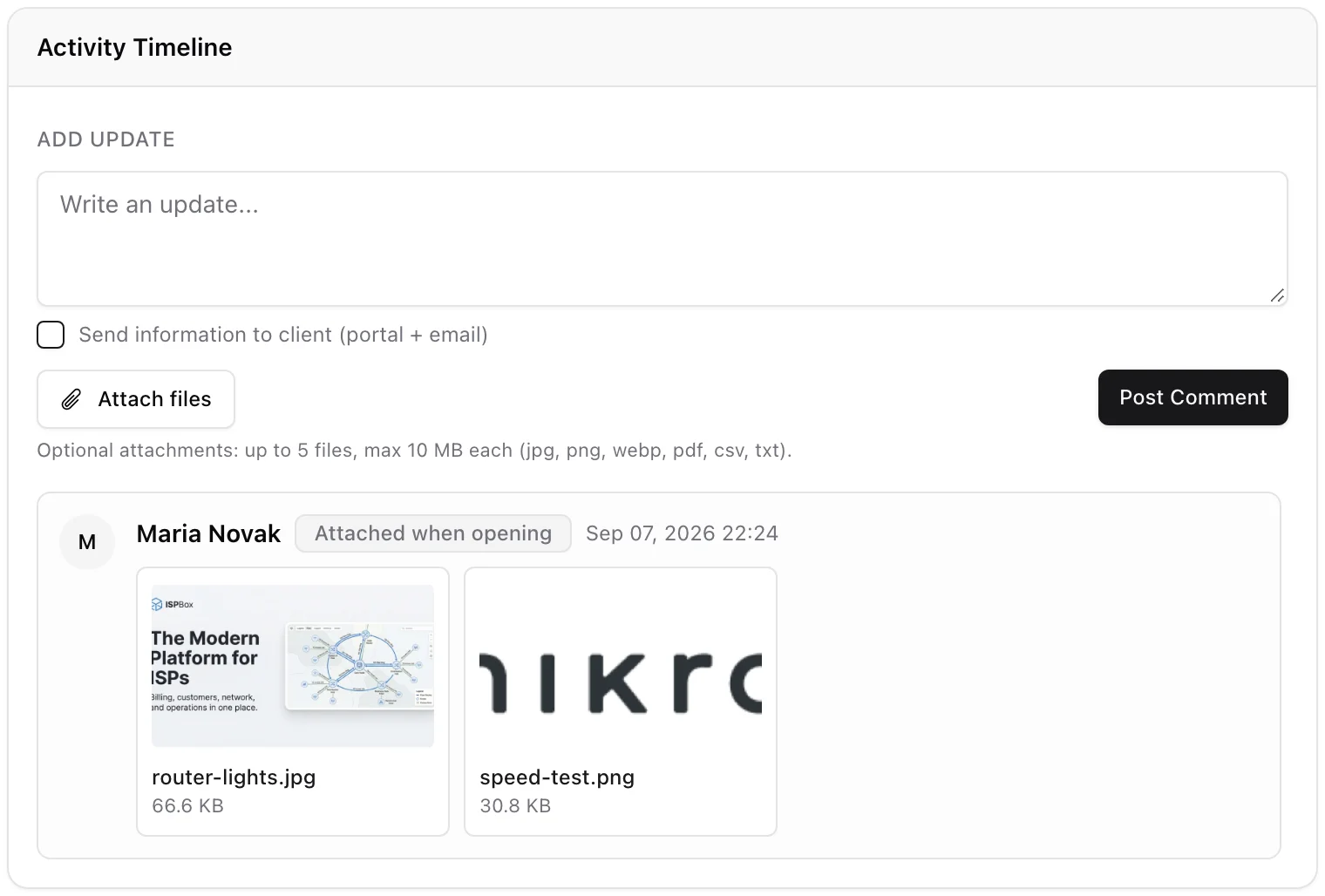 The activity timeline of a ticket opened from the portal: a first comment with no text badged Attached when opening and two image attachments