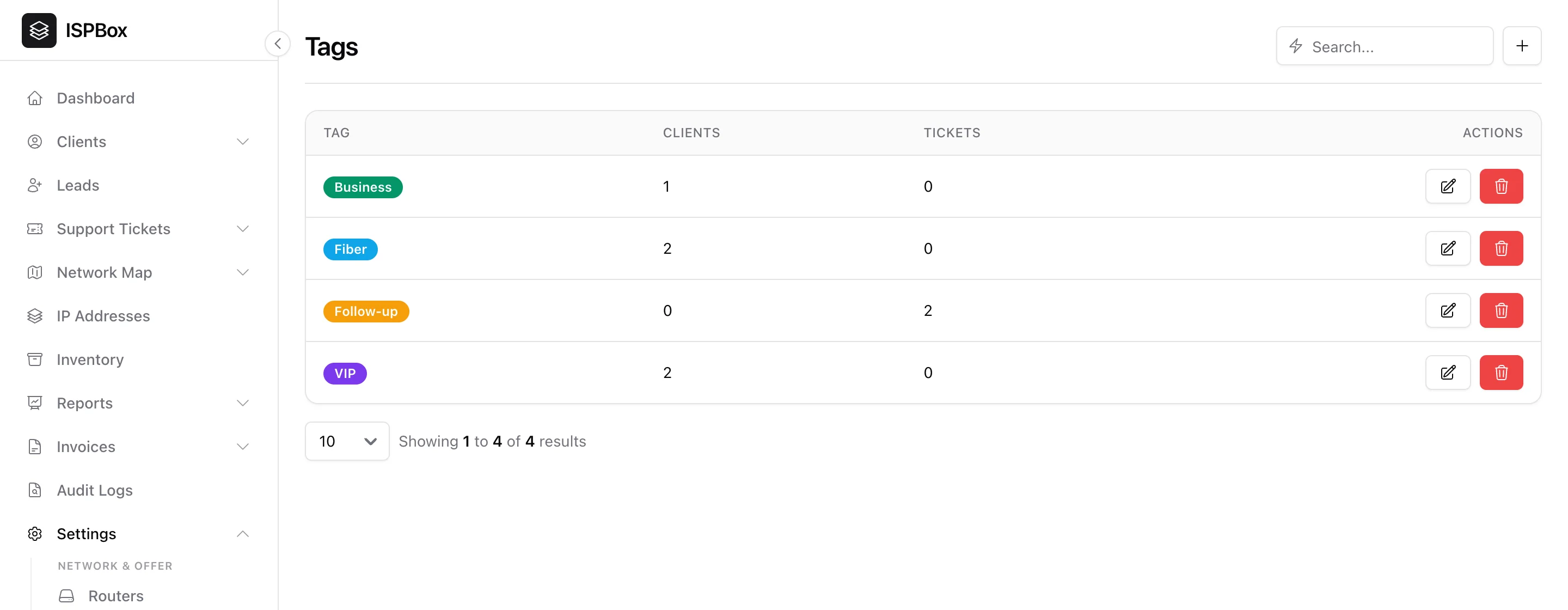 The Tags settings page with coloured tags and their client and ticket counts